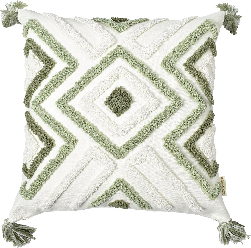 Boho Pillow Covers 18X18 Inch Boho Tufted Throw Pillow Covers Decorative Tassels Cushion Cover Farmhouse Pillow Case for Couch Sofa Bed Living Room Bedroom, Green