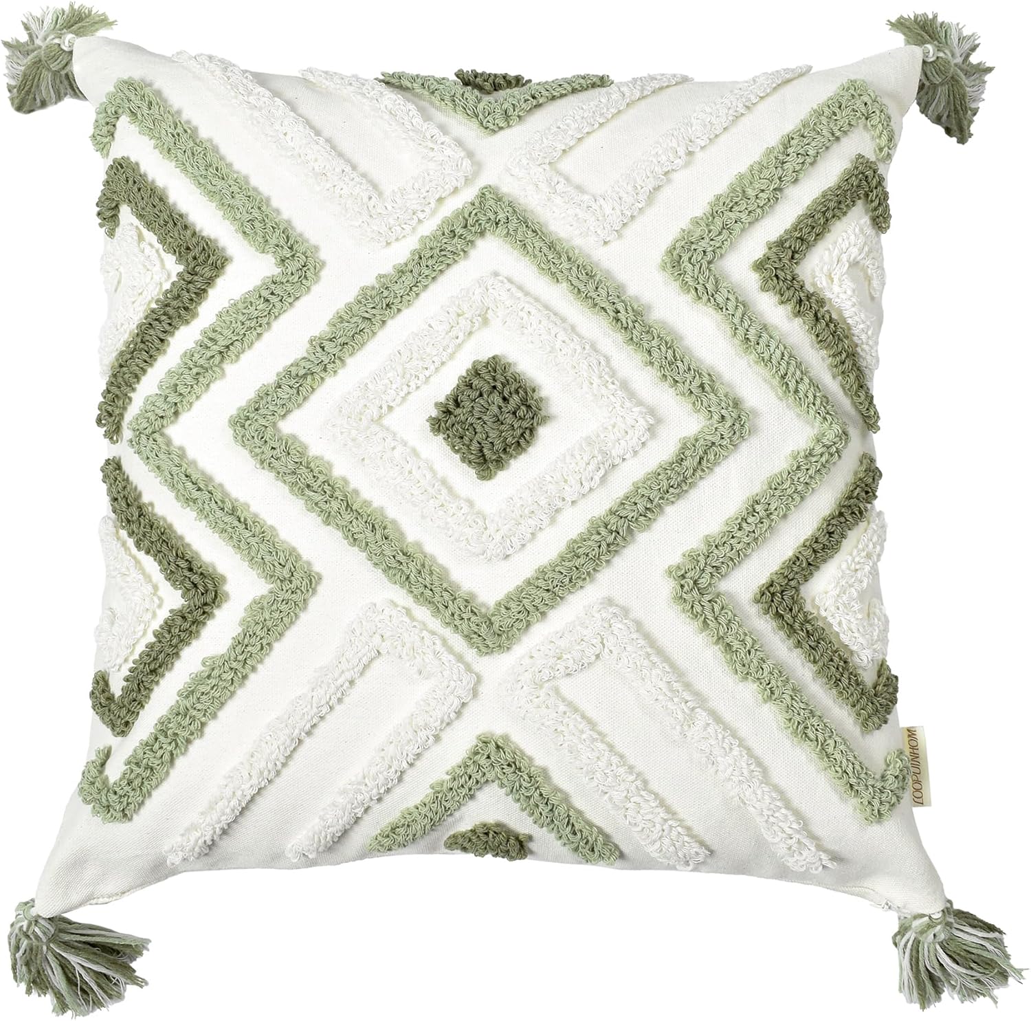 Boho Pillow Covers 18X18 Inch Boho Tufted Throw Pillow Covers Decorative Tassels Cushion Cover Farmhouse Pillow Case for Couch Sofa Bed Living Room Bedroom, Green