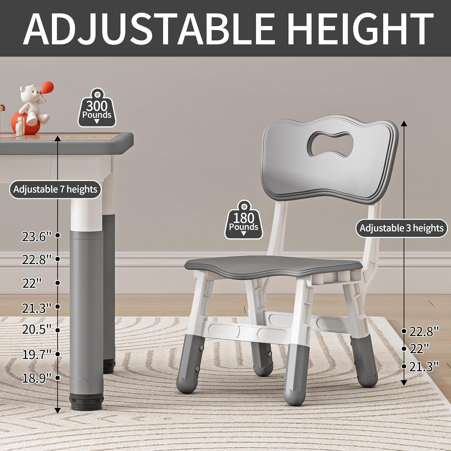 Kids Table and Chairs, Height Adjustable Childrens Table and Chair Set, Kids Tables for Age 2-8, Graffiti Desktop, Table for Kids with 2 Seats, Small Kids Table, Max 300lbs, Grey
