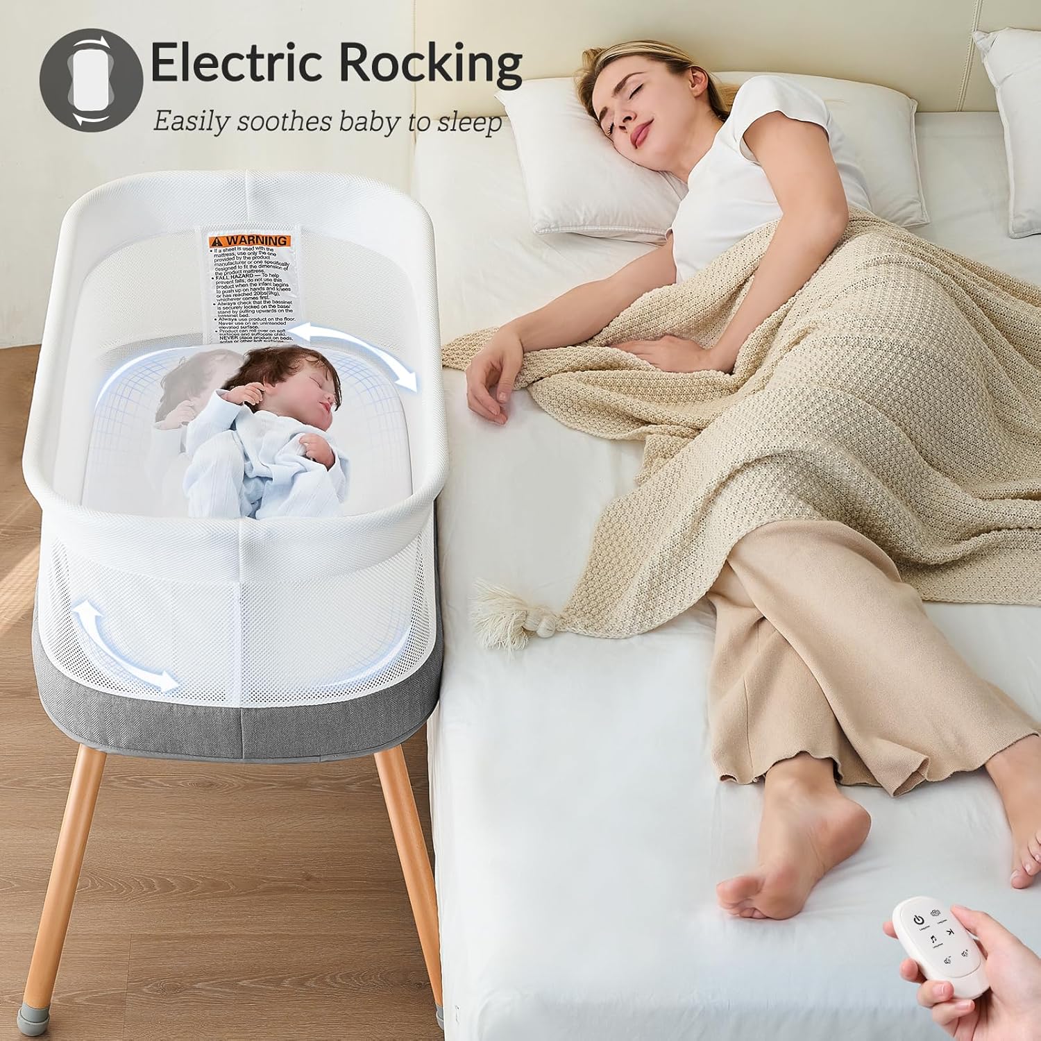 Electric Bassinet for Baby 3 Rocking Speeds, Auto Bedside Sleeper with 8 Soothing Music, Rocking Bassinet for Infant, Grey