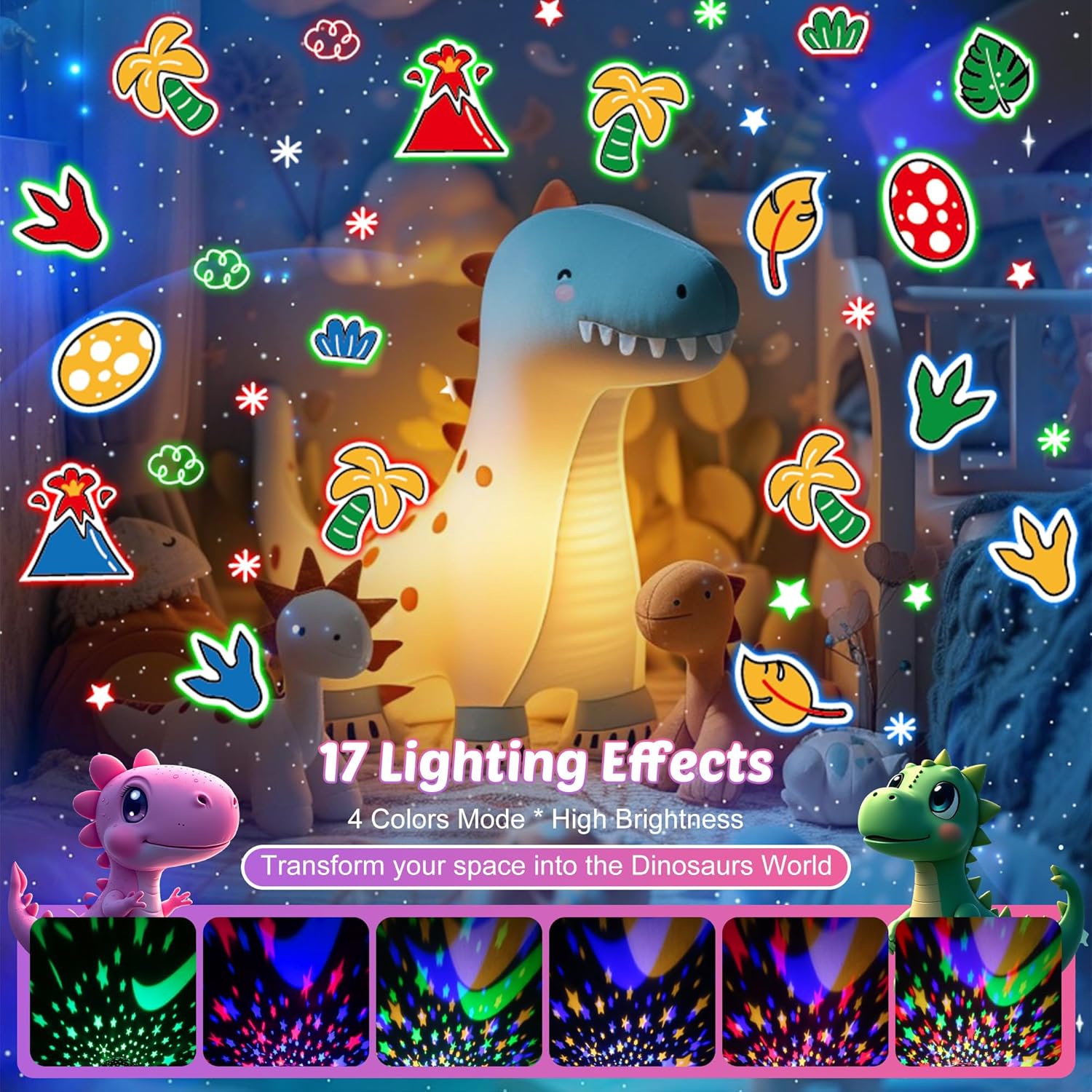 Dinosaur Night Light Projector for Kids Pink Dino Toys for Boys, Star Night Lights with Music and Timer, 17 Mode Color Changing Lamp with Remote, Christmas Birthday Gift for Baby Girl Boy