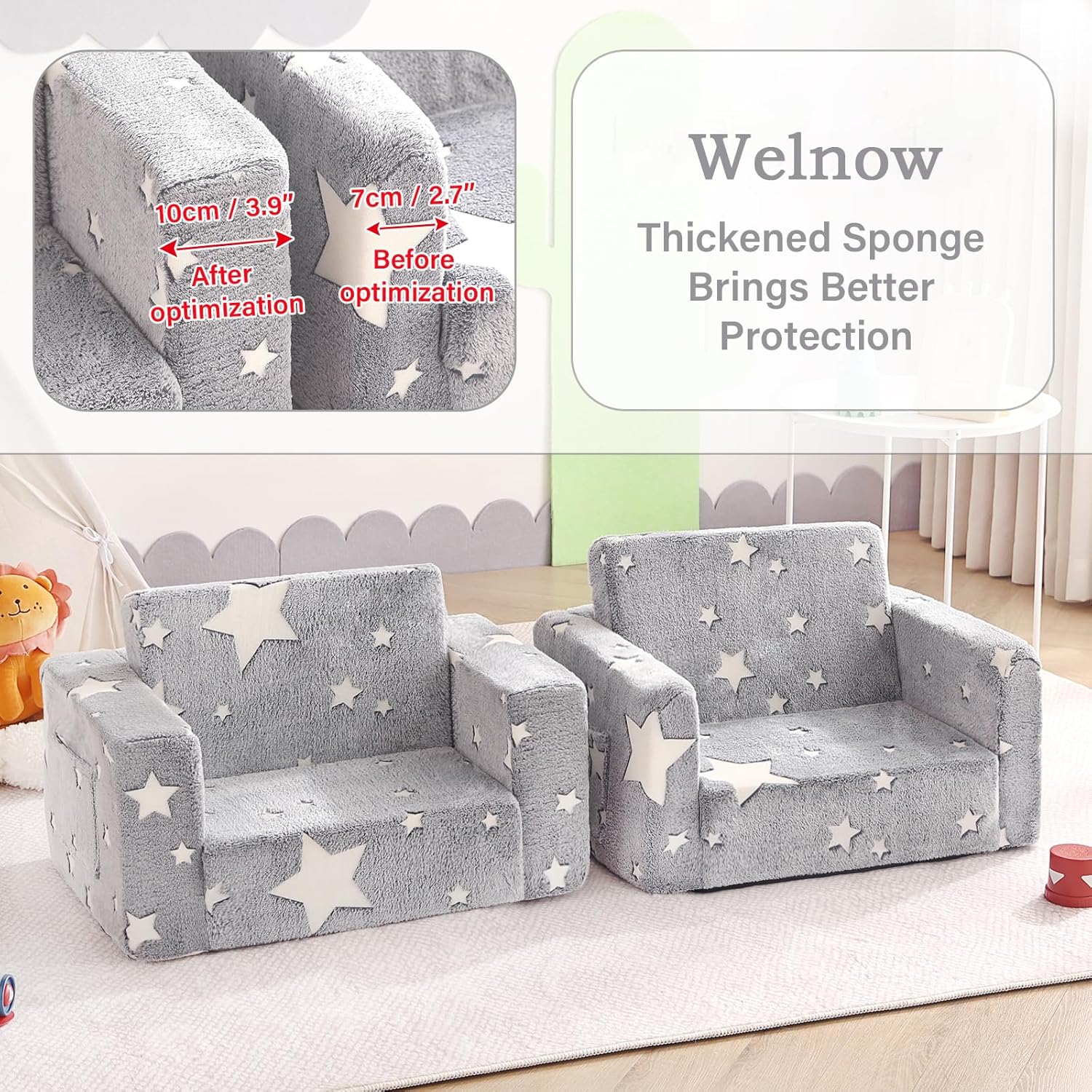 Welnow 2-in-1 Kids Sofa Chair, Glow in The Dark Convertible Toddler Chair Flip Out Children Sofa Folding Kids Play Sofa with Side Pockets & Removable Cover Armrest Chair for Girl or Boy