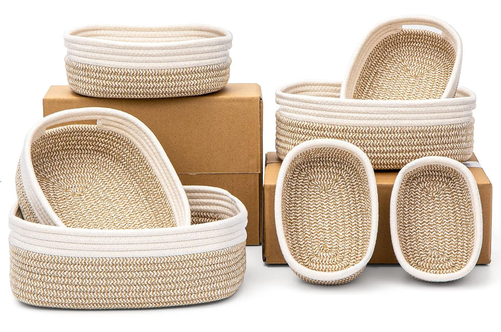 7 Piece Cotton Rope Woven Basket Set - Small Basket for Baby Nursery, Pets, Montessori, Dog & Cat Toy Boxes, Bathroom Organization Bins (White/Brown)