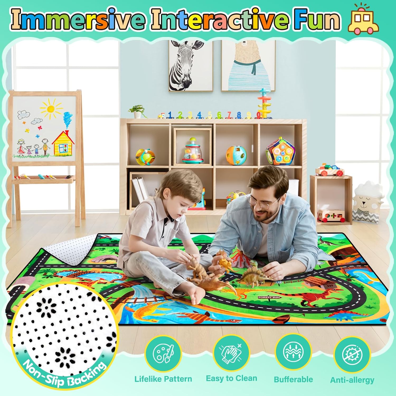 Kids Rug, Car Carpet for Kids' Toy Cars, 6x9 Ft Dinosaur Rug, Dino Safari Road Mat for Playroom, Educational Learning & Game Area Baby Play Mat Carpet for Children