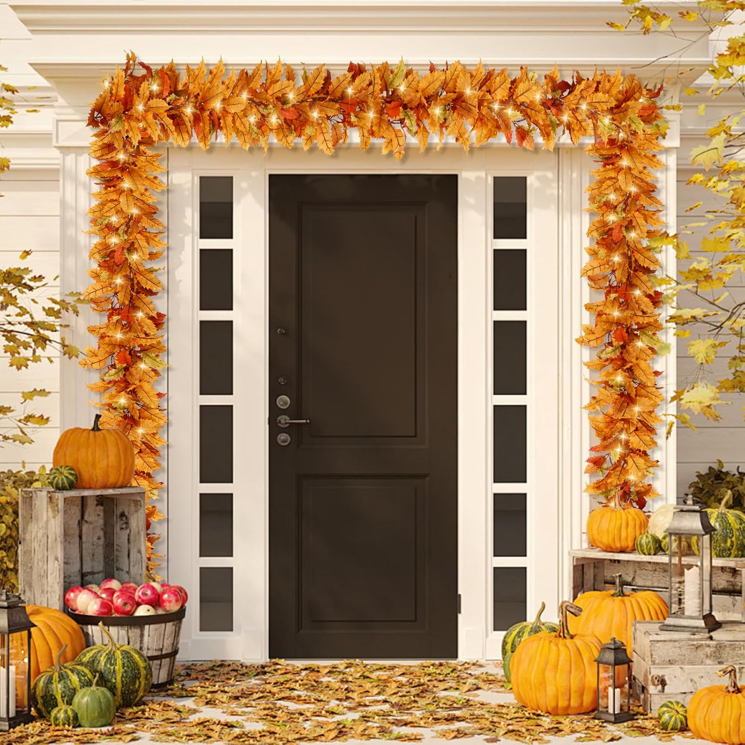 2PC Realistic Fall Garland for Mantle 6FT Fall Leaves Garland With Lights/Timer Fall Decorations for Home Porch Fall Leaf Garlands Autumn Decor for Thanksgiving Outdoor Fireplace Wedding Hanging Table