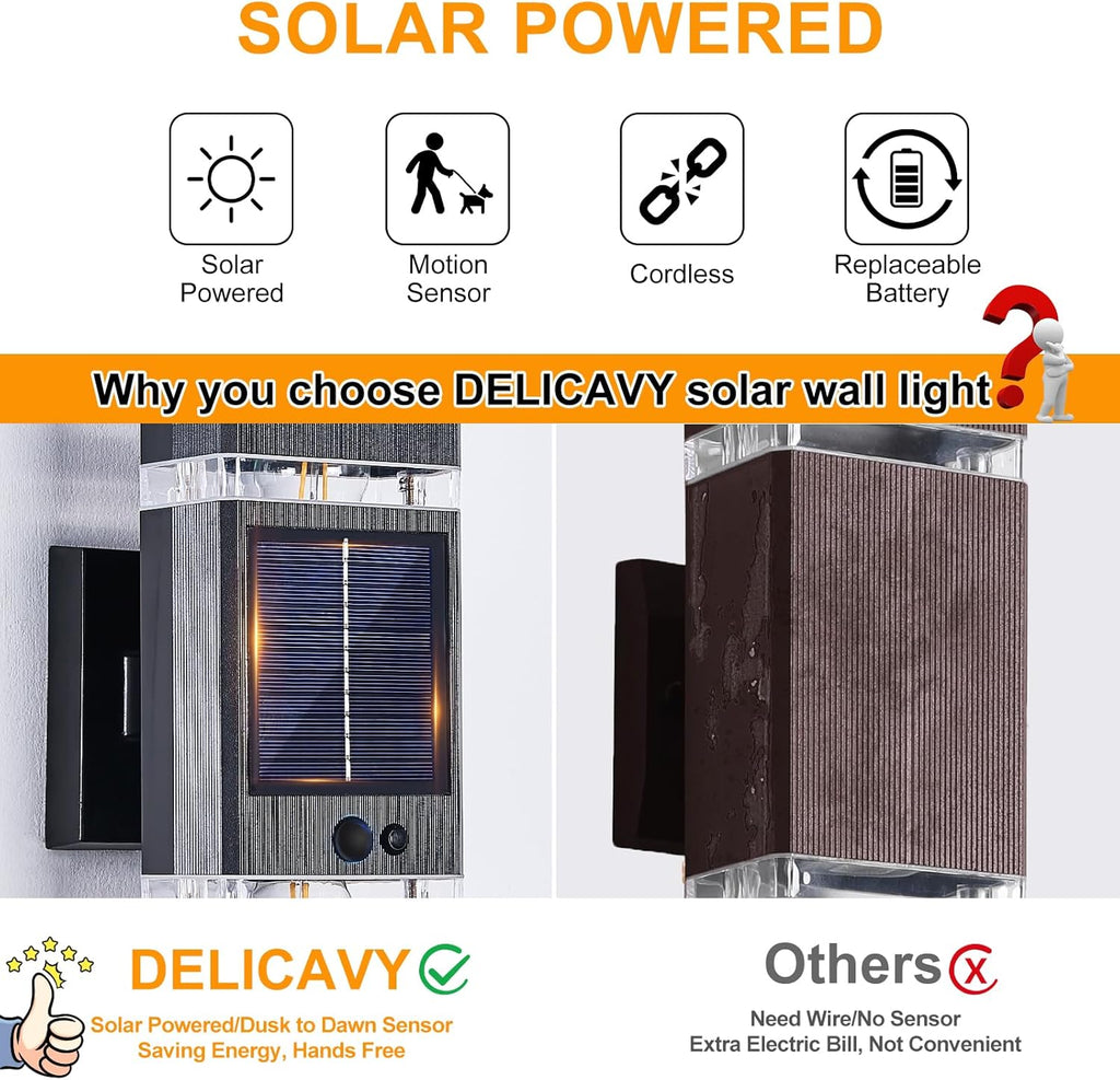 2 Pack Solar Outdoor Wall Lights with Motion Sensor 3-Mode Motion Outdoor Sconces 3000K 500LM Dusk to Dawn Solar Porch Light Fixtures Modern Up Down Exterior Wall Lamp for House Garage Front Door