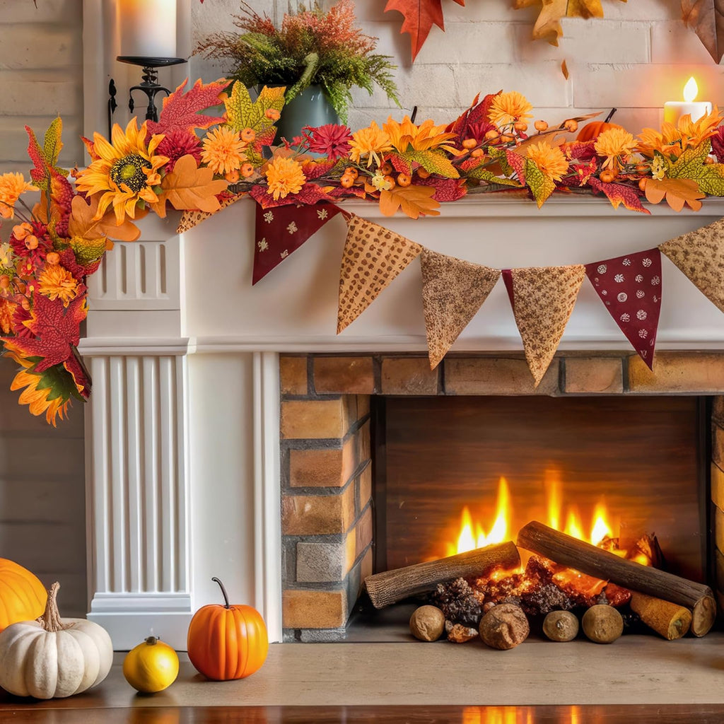 GENMOUS 6ft Fall Maple Leaves Garland, Artificial Sunflower Autumn Wreath with Small Pumpkins Home Decor for Thanksgiving, Halloween, Wedding, Fireplace Porch Indoor Outdoor Fall Decoration