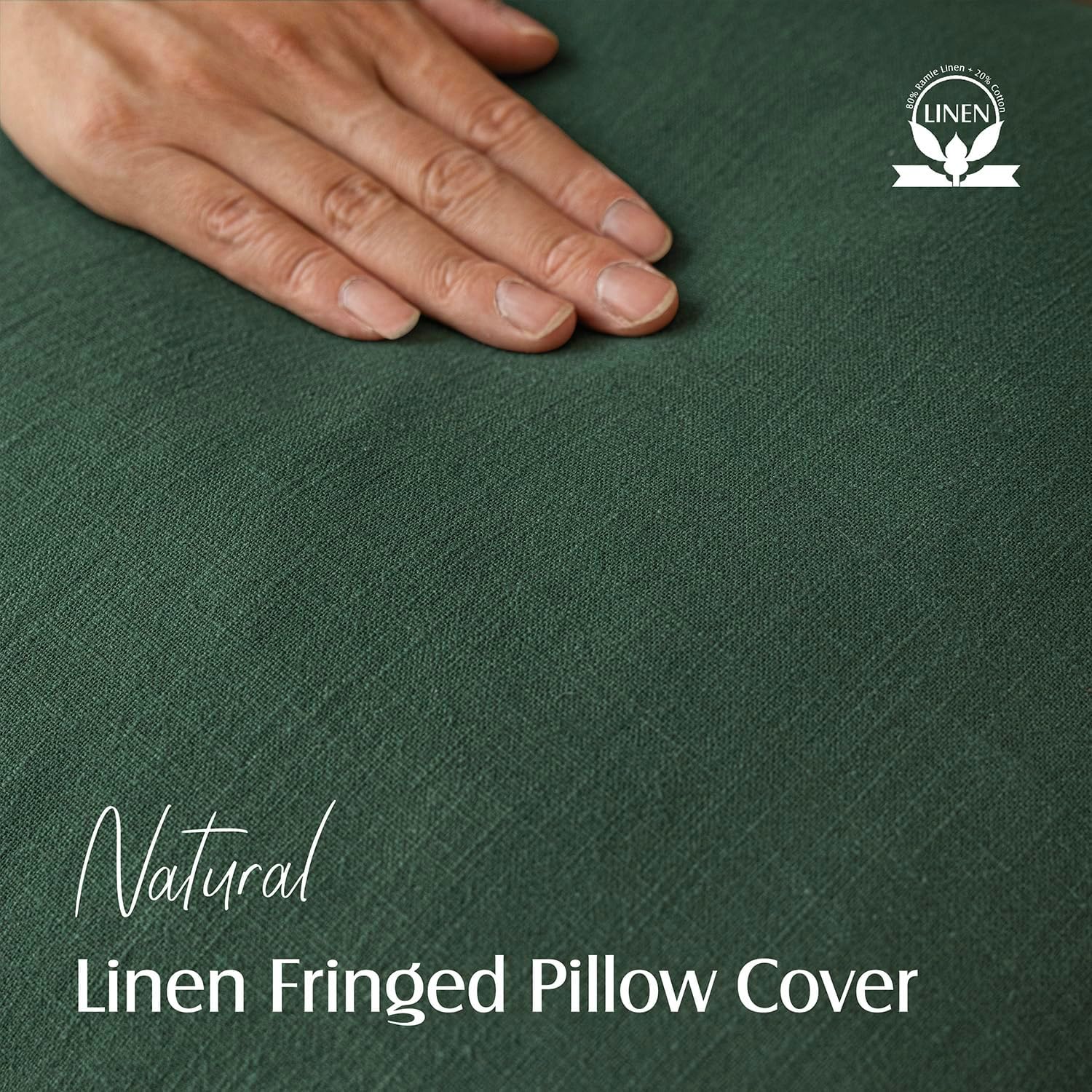 Foindtower Set of 2 Decorative Linen Fringe Throw Pillow Covers Cozy Boho Farmhouse Cushion Cover with Tassels Soft Accent Pillowcase for Couch Sofa Bed Living Room Home Decor, 24×24 Inch, Pine Green