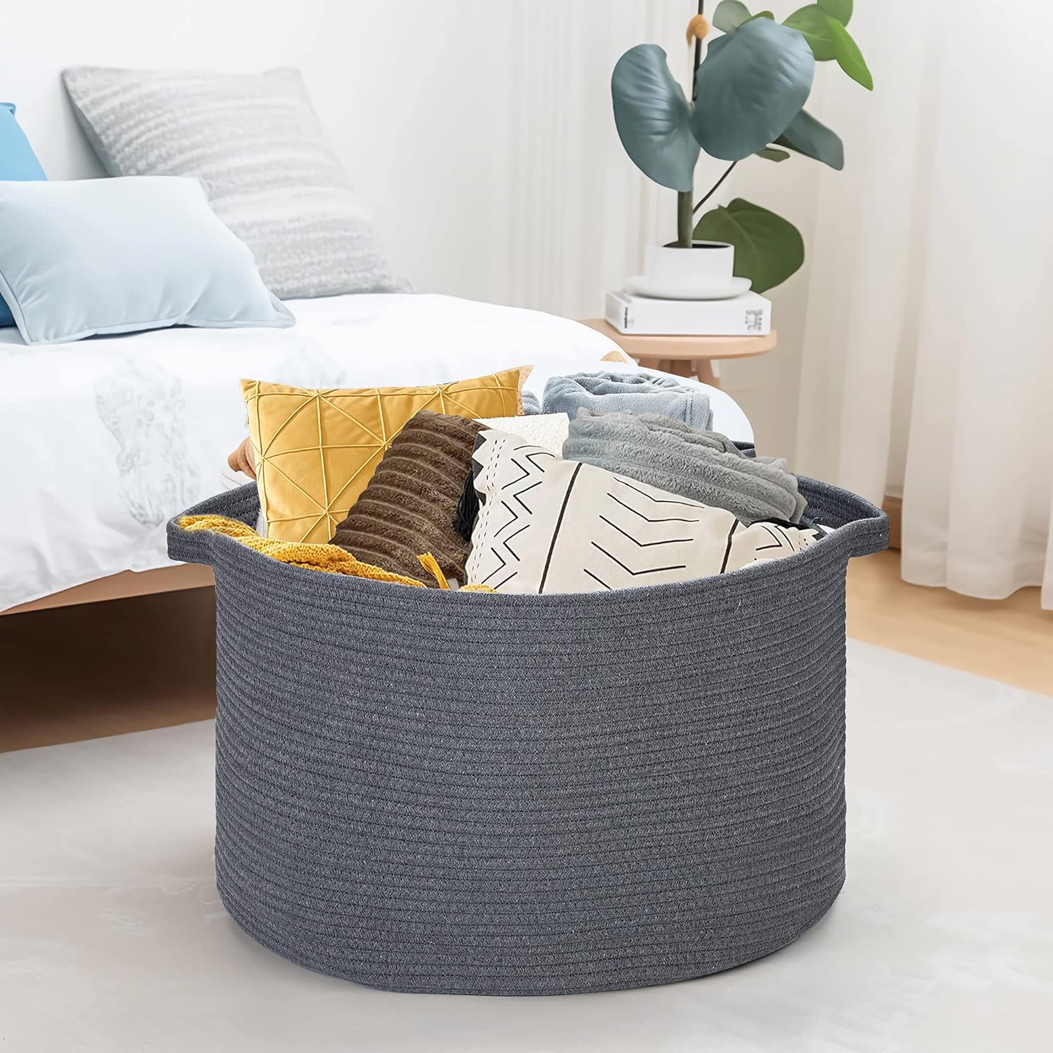 Ravinte Blanket Basket - 20"x 20"x 13" Cotton Rope Basket for Living Room, Baby Toy Storage Basket, Large Woven Laundry Basket (Gray)