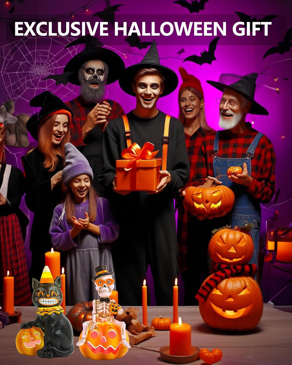 Vintage Halloween Decorations Indoor - 2-Pack 4.7'' Resin Skeleton Gentleman & Black Cat Figurine with Flickering Pumpkin Lights - Halloween Table Decor Ornaments Gifts (Jack-O’-Lantern)