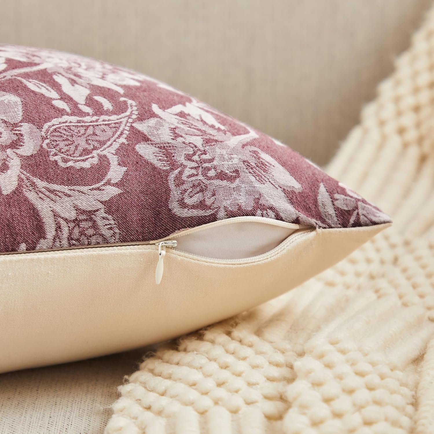 Floral Jacquard Throw Pillow Covers Set of 2, Background/Burgundy 24x24 Inch, Farmhouse Decorative Cotton Burgundy Cushion Covers for Sofa Bed Living Room Home Decor