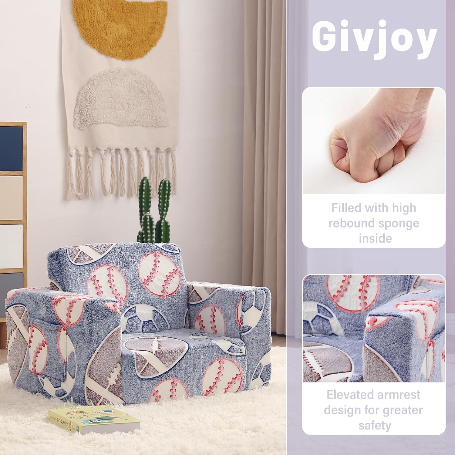 Toddler Chair Kids Couch, 2-in-1 Toddler Soft Sherpa Couch Fold Out Armchair Glow in The Dark with Removable Cover, Convertible Reading Chair Toddler Sofa for Kids, Football