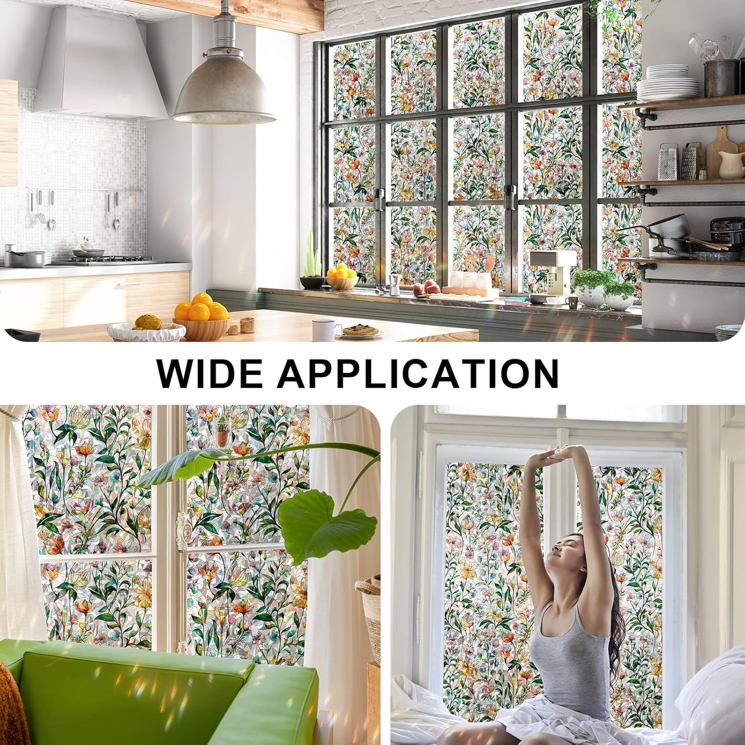 Rainbow Window Privacy Film 3D Floral Decorative Stained Glass Window Film Anti UV Non-Adhesive Reusable 23.6" x 78.7" for Home Room Car Glass Cling