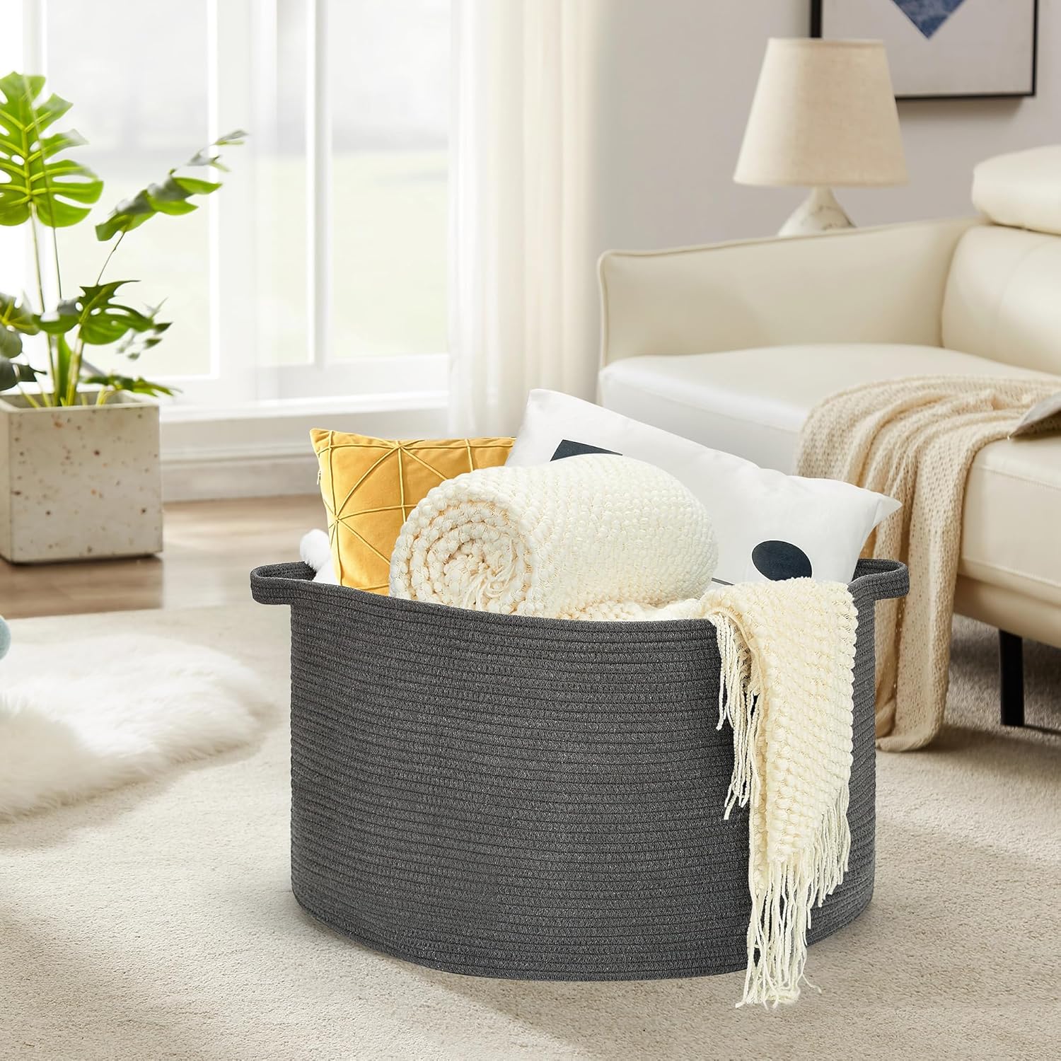 Ravinte Large Storage Basket - 22"x 22"x 14" Blanket Basket for Living Room, Baby Toy Storage Basket, Cotton Rope Basket Woven Laundry Basket (Gray)