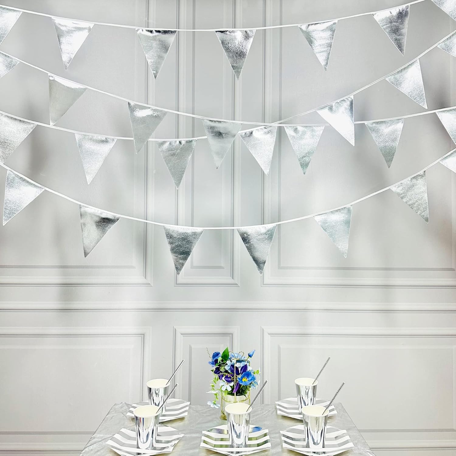 Silver Party Decorations Metallic Fabric Triangle Pennant Banner Silver Flag Bunting Garland for Graduation Birthday Wedding Bridal Shower Anniversary Engagement Bachelorette Party Decoration Supplies