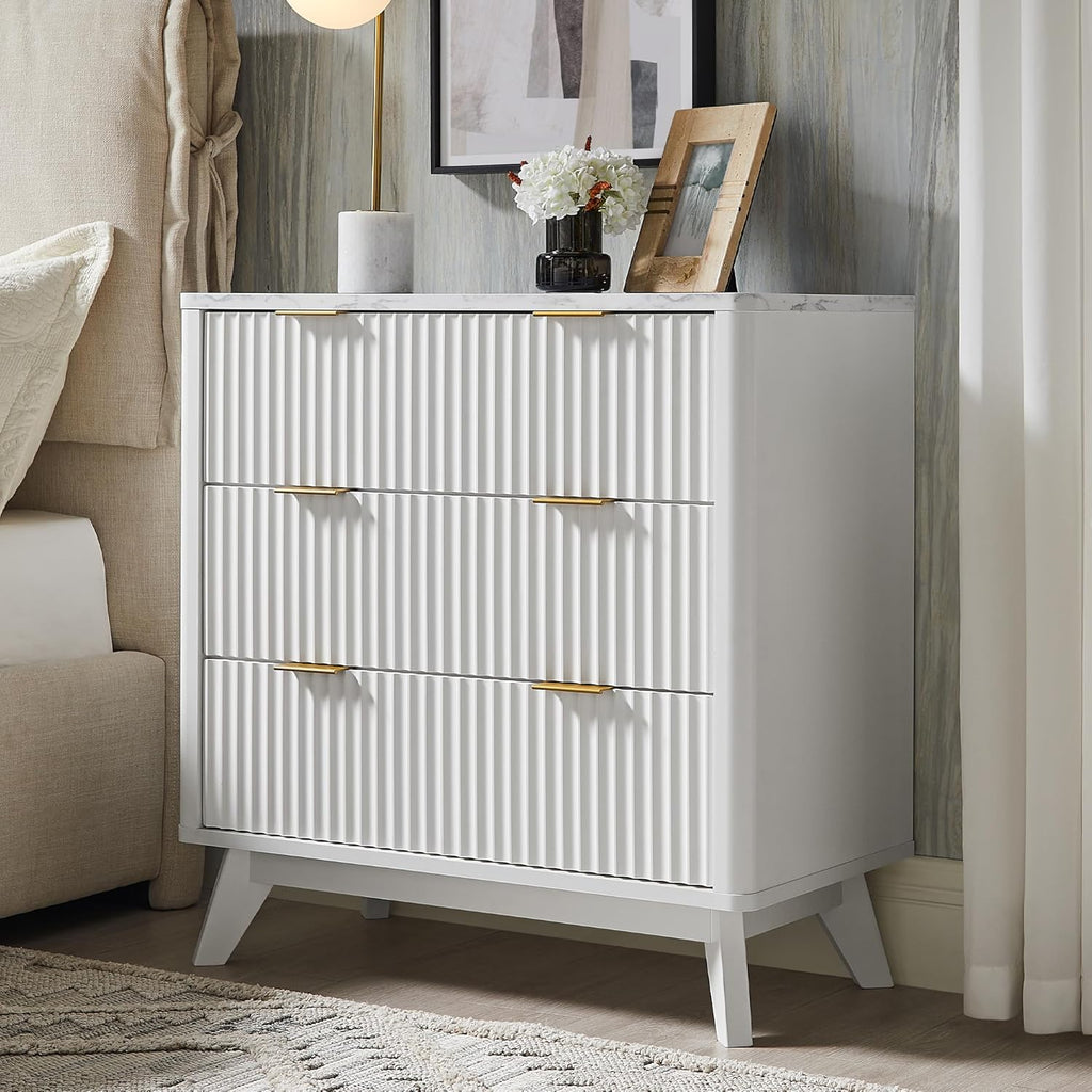 T4TREAM 32" Tall Fluted Nightstand, Modern Side Table with Faux Marble Top, 3 Drawers End Table w/Storage, Bedside Table for Bedroom, Living Room, Curved Profile Design, Solid White