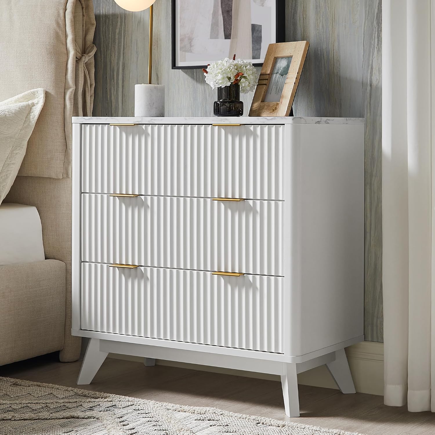 T4TREAM 32" Tall Fluted Nightstand, Modern Side Table with Faux Marble Top, 3 Drawers End Table w/Storage, Bedside Table for Bedroom, Living Room, Curved Profile Design, Solid White