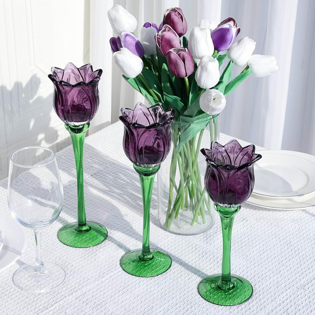 VOHO 6pcs Purple Tulips Candle Holders Gifts for Halloween, Thanksgiving, Easter, Elegant Purple Tealight Candle Holder for Modern Room Decor, Glass Tulip-Like Tea Lights Holder Wedding Holiday Table