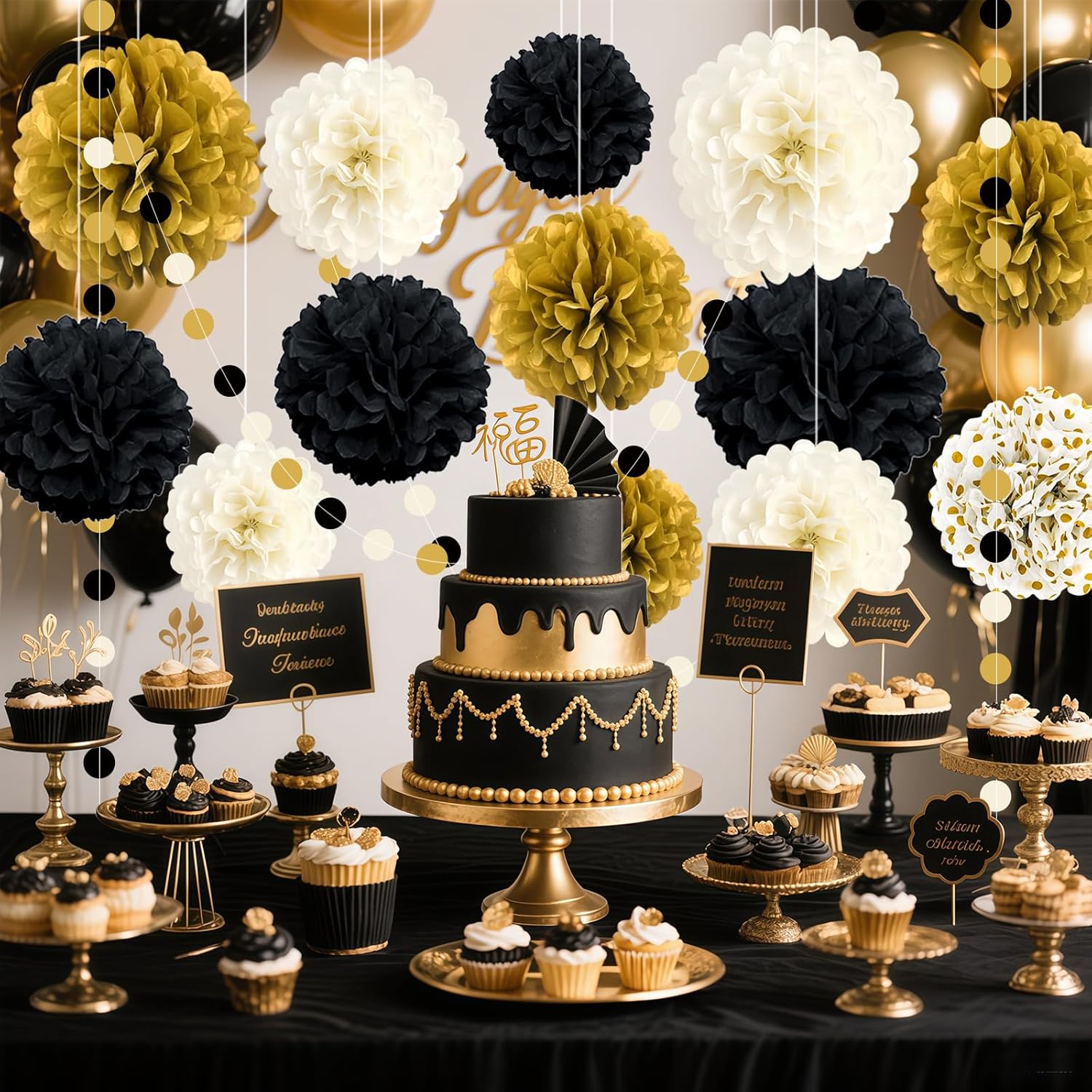 Black and Gold Party Decorations, 16 PCS Tissue Paper Pom Poms Dots Paper Garland Kit for New Year Party, Graduation, Wedding, Birthday, Engagement, Baby Shower, Retirement Party Decor