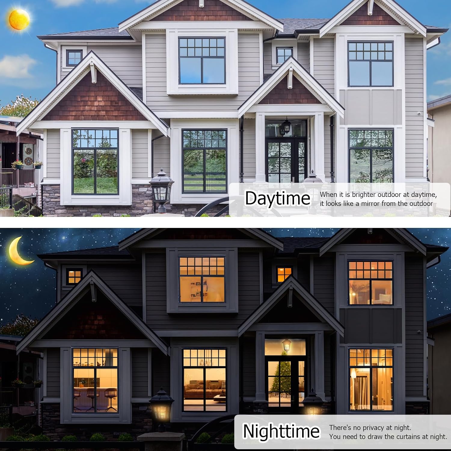 HIDBEA One Way Window Film, Daytime Privacy Sun Blocking Reflective Window Film No Glue Static Cling Heat Control Window Tinting Film for Home and Office, Black Silver, 17.35 x 196.8 Inch