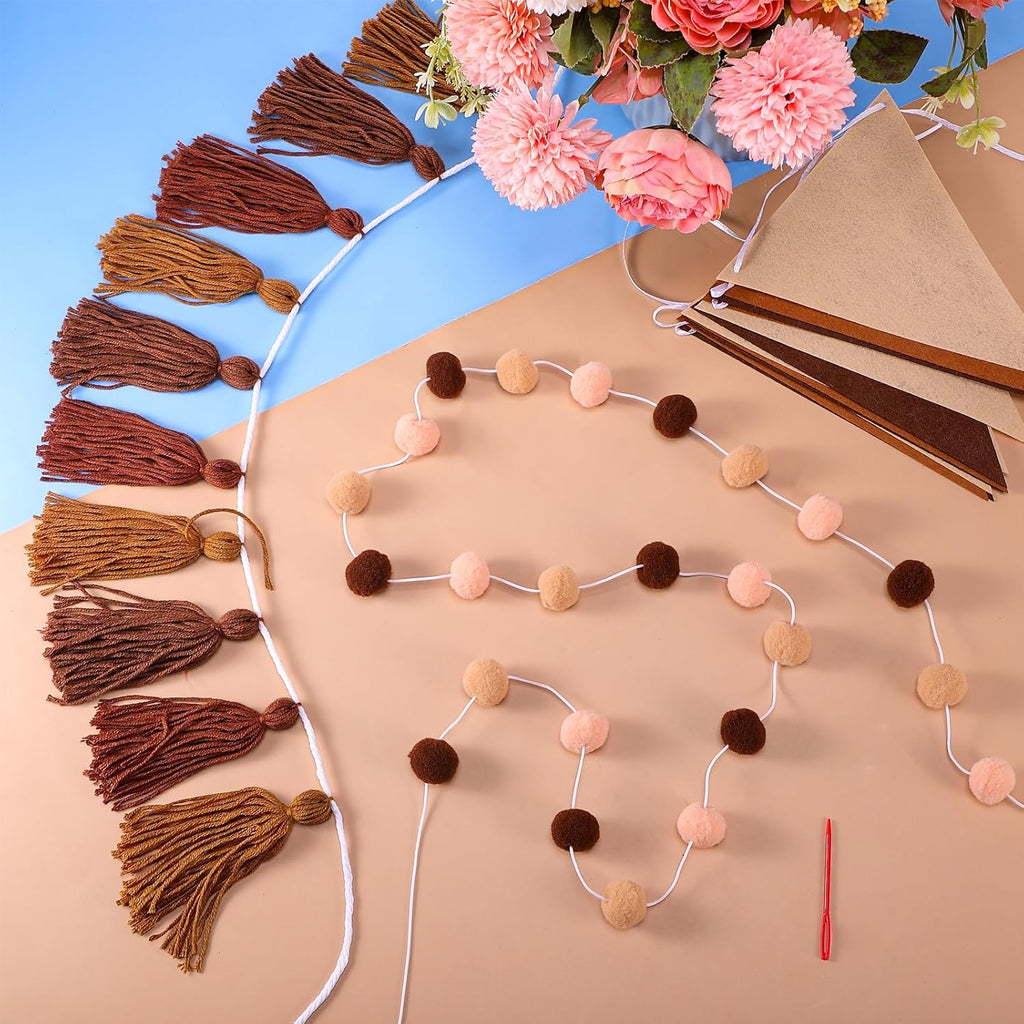 Irenare 9.8 ft Pom Pom Garland Felt Colorful Tassel Banner Christmas Party Pompoms Garland Decorations Felt Pennant Banner for Classroom Home Mantel Fireplace Birthday(Gradient Brown)