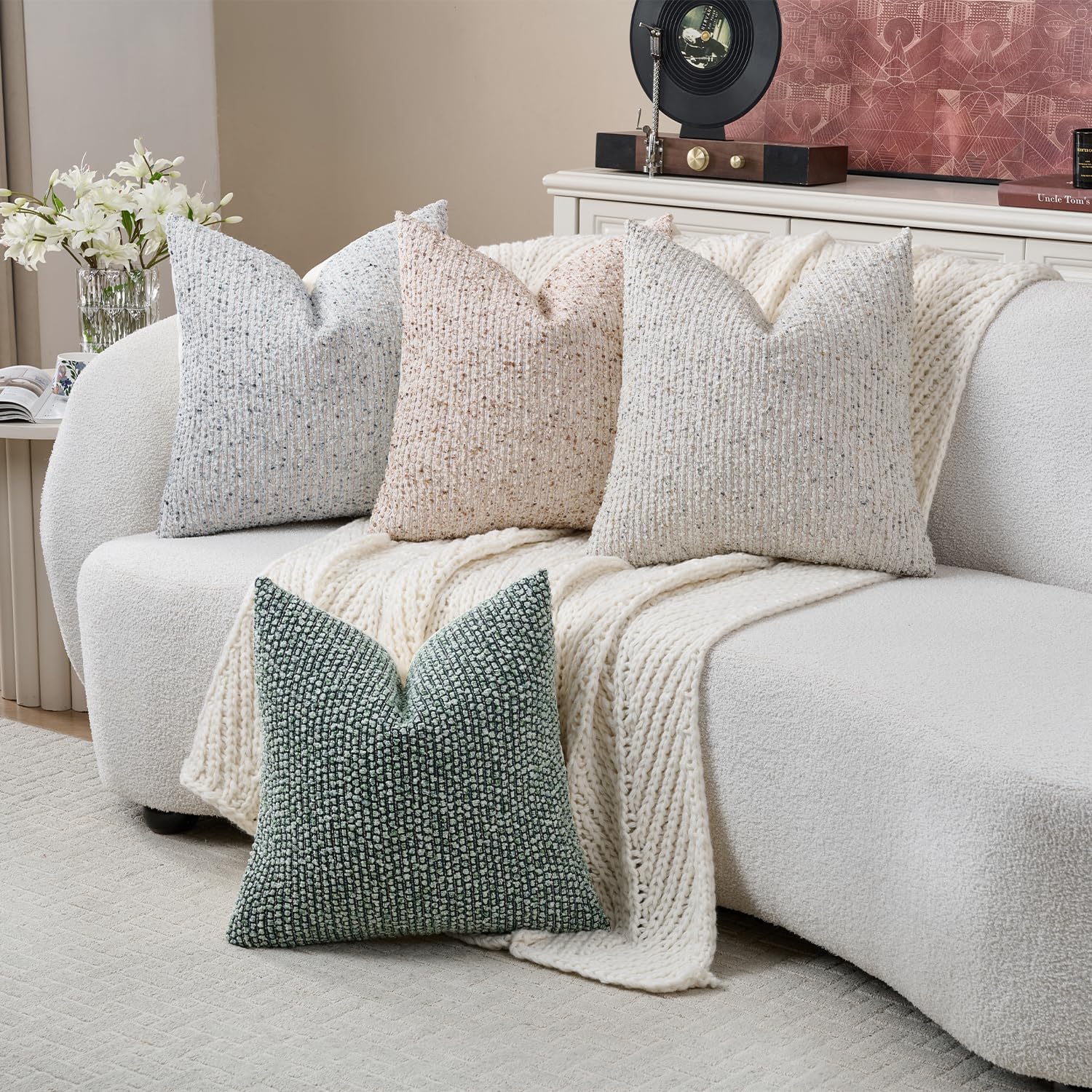 Striped Throw Pillow Covers 16x16 Set of 2 Cream Grey Textured Boucle Chic Morden Boho Accent Farmhouse Square Decorative Couch Pillow Covers for Home Decor Bed Sofa Living Room