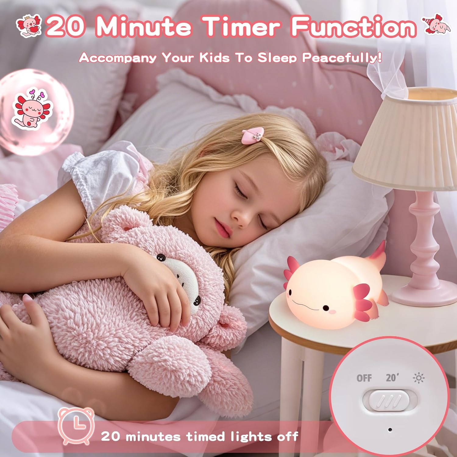 Axolotl Lamp,Cute Axolotl Night Light,Dimmable Silicone Animal Nursery Night Light,Adorable Rechargeable Squishy Novelty Bedside Touch Lamp,Baby Room Decor, Axolotl Gifts for Kids/Girls