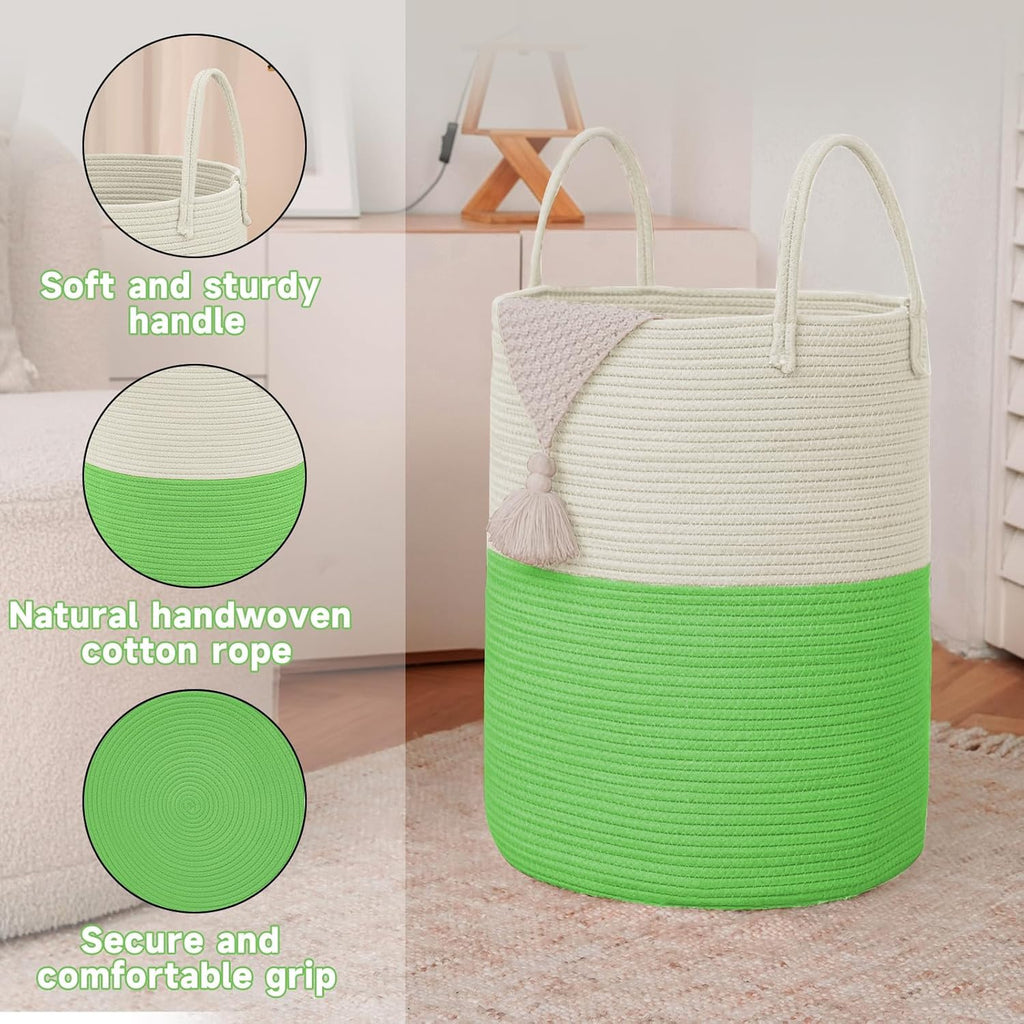 Large Woven Laundry Basket Hamper,100L Cotton Rope Storage Bin for Blankets,Toys and Clothes,Decorative Tall Nursery Hamper for Living Room,Baby Nursery,Bathroom and Bedroom,Light Green