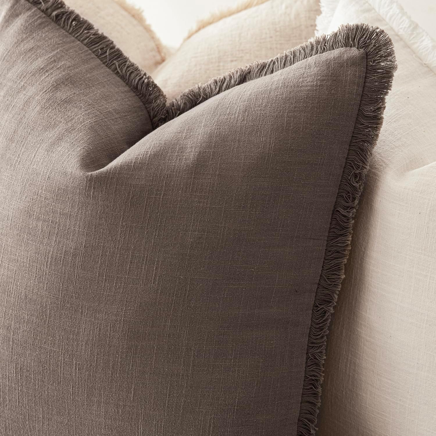 Foindtower Set of 2 Decorative Linen Fringe Throw Pillow Covers Boho Farmhouse Cushion Cover with Tassels Soft Accent Pillowcase for Couch Sofa Bed Living Room Home Decor,26×26 Inch,Light Coffee