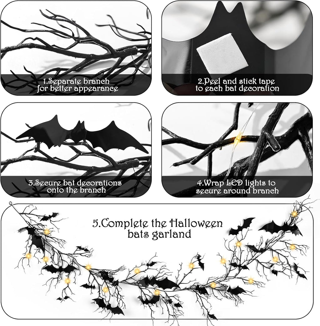 Gothic Halloween Banner: 1pc Haunted Bat Dark Dead Branch Halloween Party Banner with LED Lights, Decorative Bat Vine Twig Garland Decorations for Home Wall Mantel Doorways Front Decor