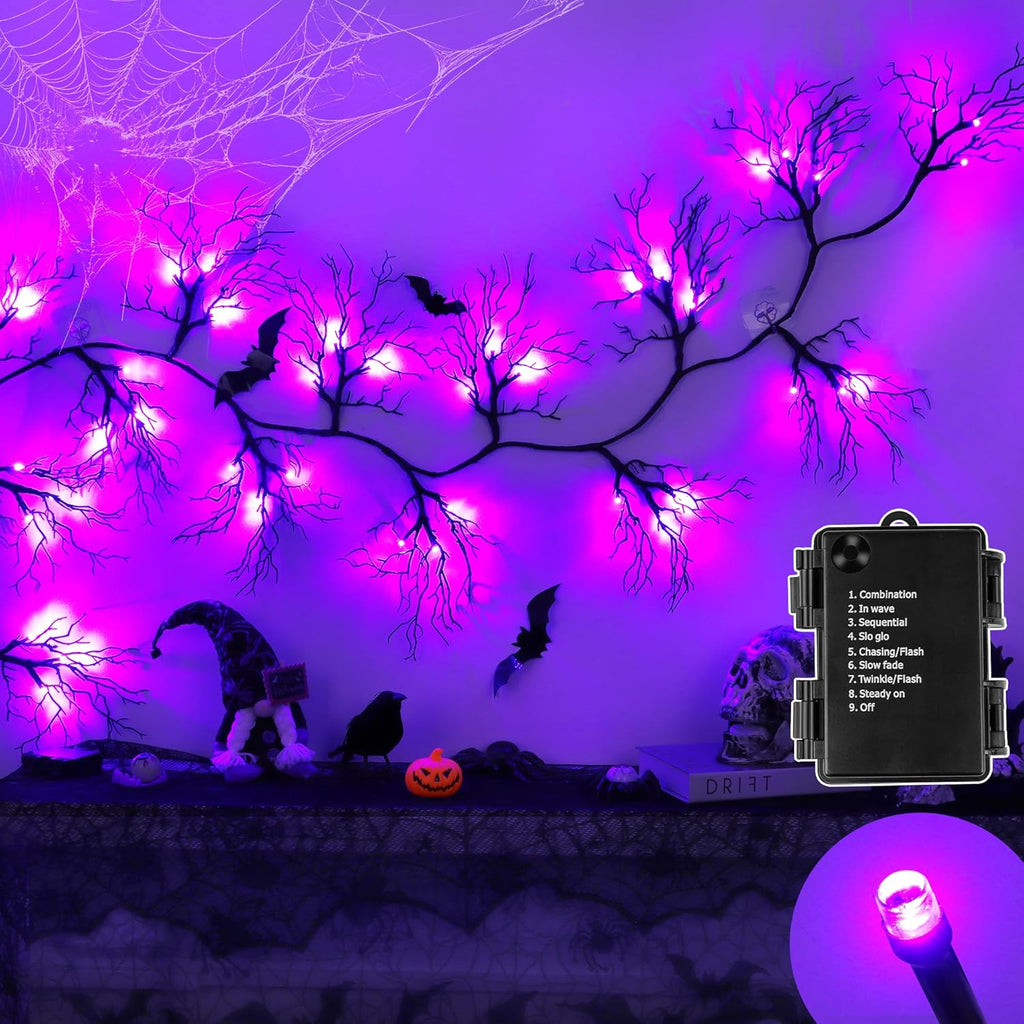 6 Ft 45 LED Willow Vine Twig Decor Black Halloween Garland with Purple Lights, Timer 8 Modes Waterproof Battery Operated Indoor Halloween Decorations for Wall Fireplace Mantle Home Office Party Decor