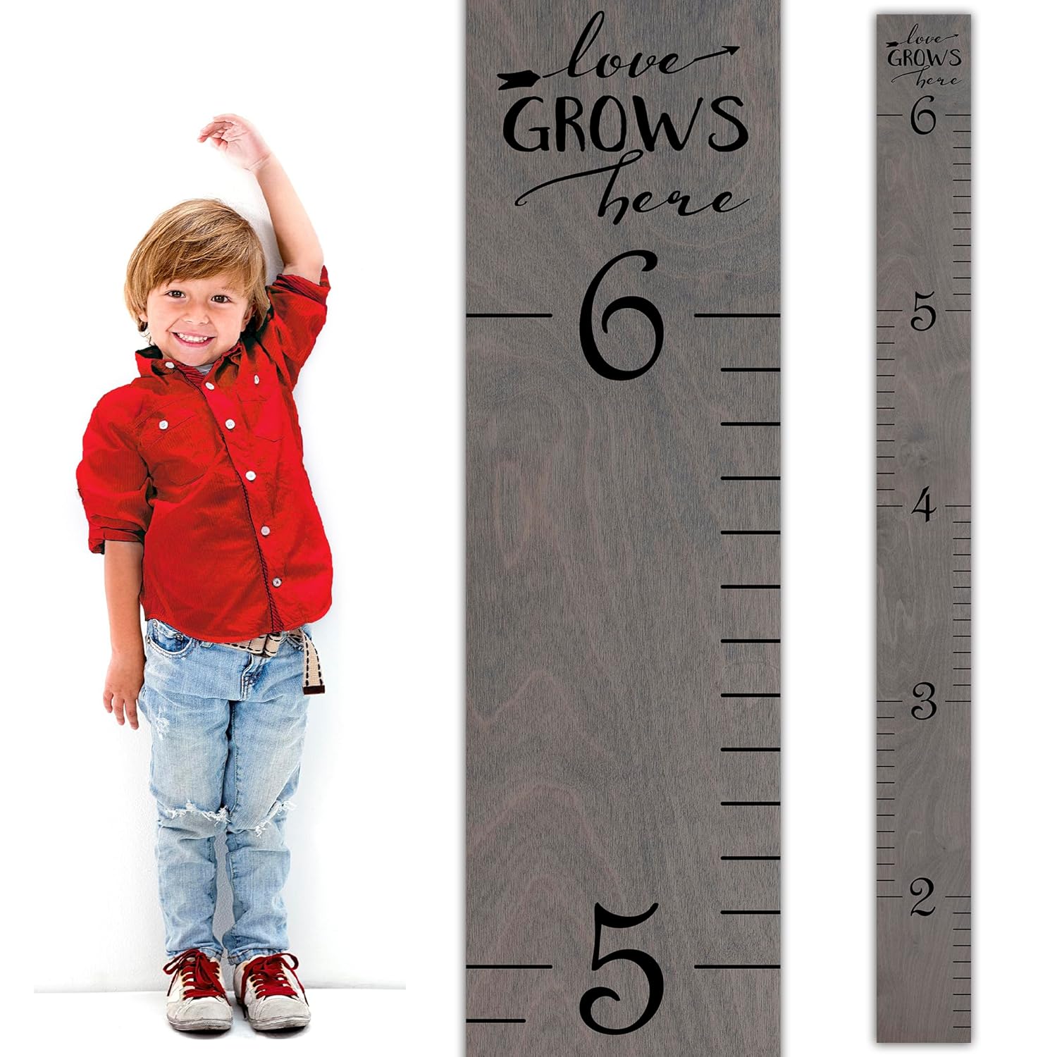 Wooden Growth Chart for Wall - Height Growth Chart for Kids, Kid Height Wall Chart, Height Measurement for Wall, Height Chart for Kids - Love Grows Here, Skinny Grey (63""x5.75"")