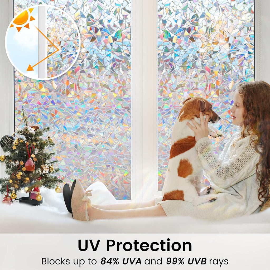 DOWELL Window Privacy Film, Rainbow Window Film, Decorative Stained Glass Clings, Static Cling Door Sticker, Non-Adhesive 3D Decals for Home UV Protection, 35.4 x 118 inches