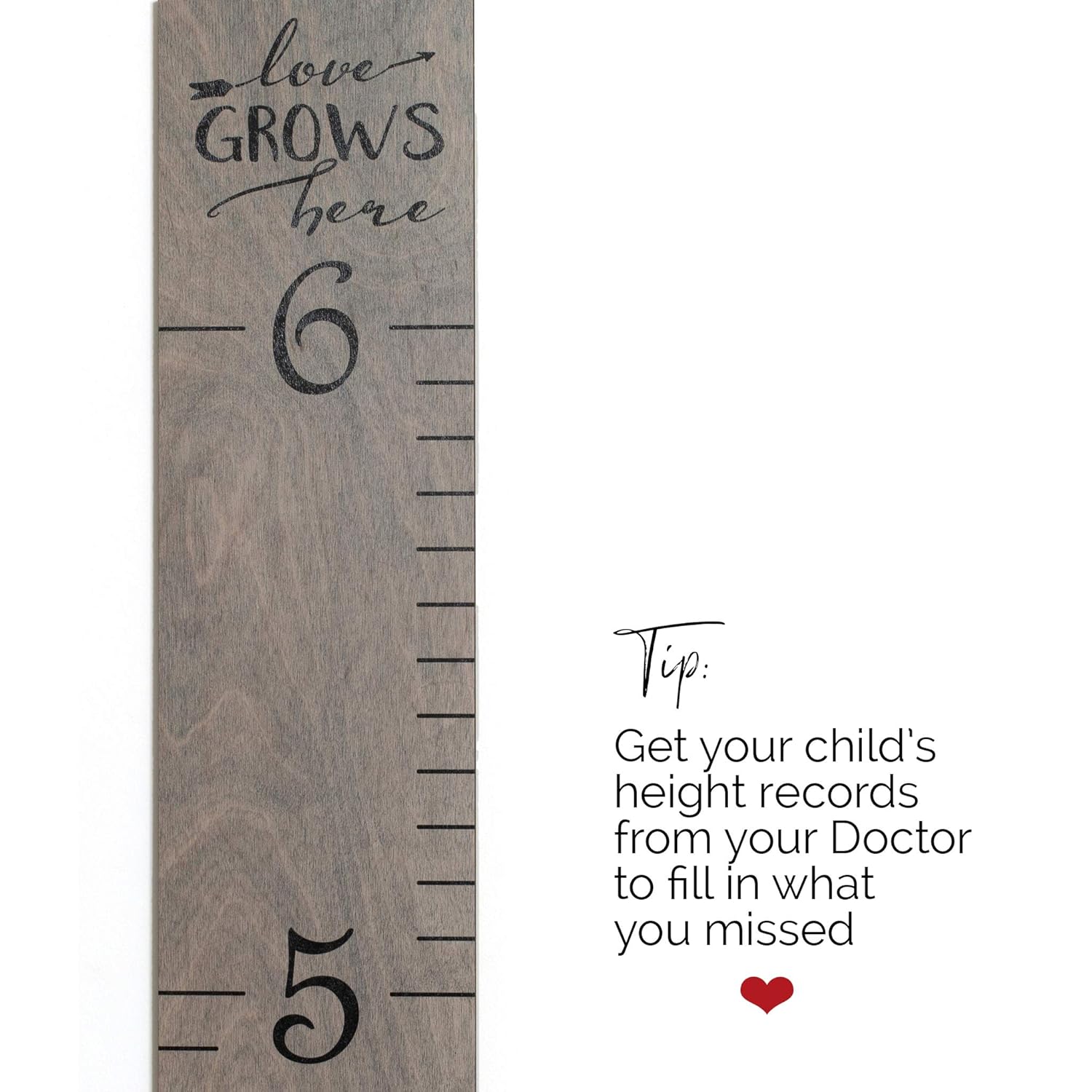 Wooden Growth Chart for Wall - Height Growth Chart for Kids, Kid Height Wall Chart, Height Measurement for Wall, Height Chart for Kids - Love Grows Here, Skinny Grey (63""x5.75"")