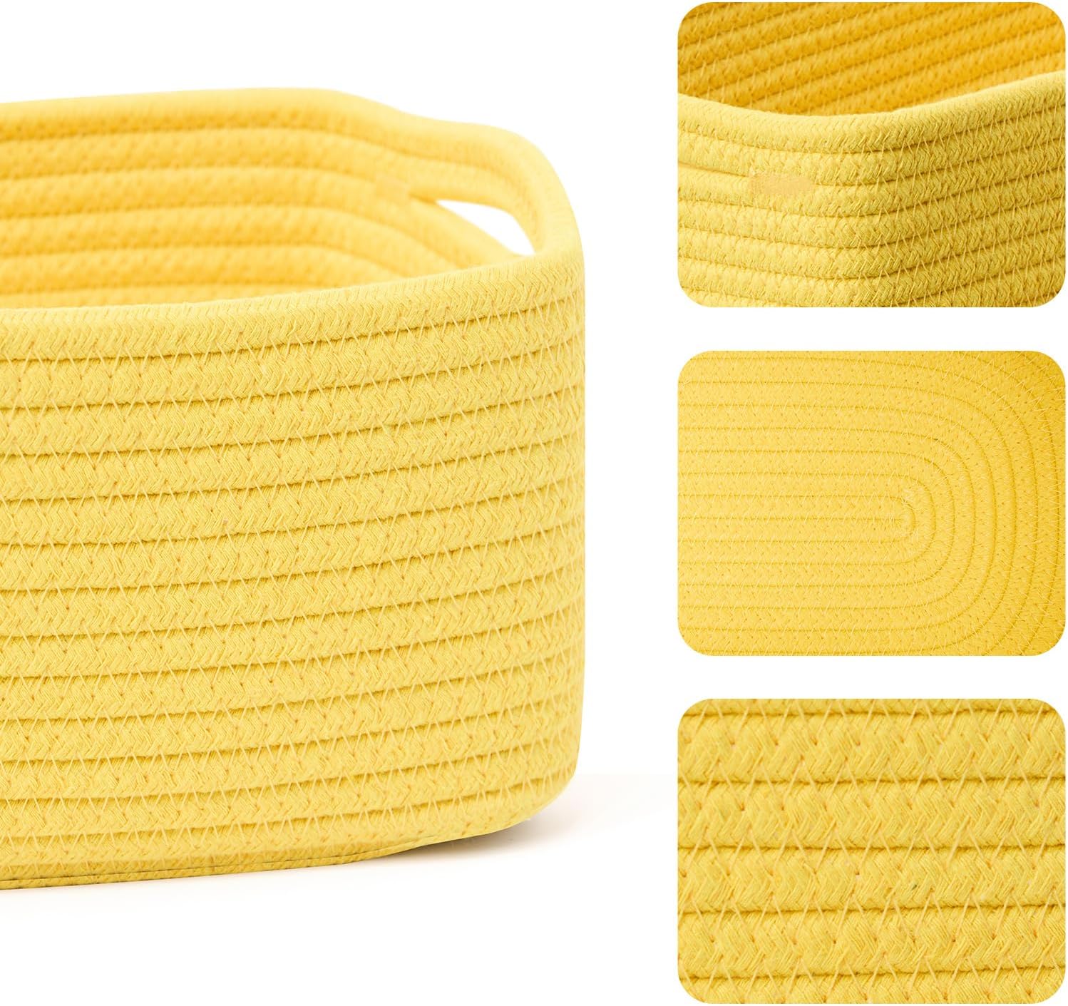 Small Storage Baskets for Organizing | Closet Organizer Bins | Shelf Toy Basket | Woven Rope Baskets | Cube Decorative Box | Shallow Basket | 13x8.5x5.1” | 3 Packs Yellow