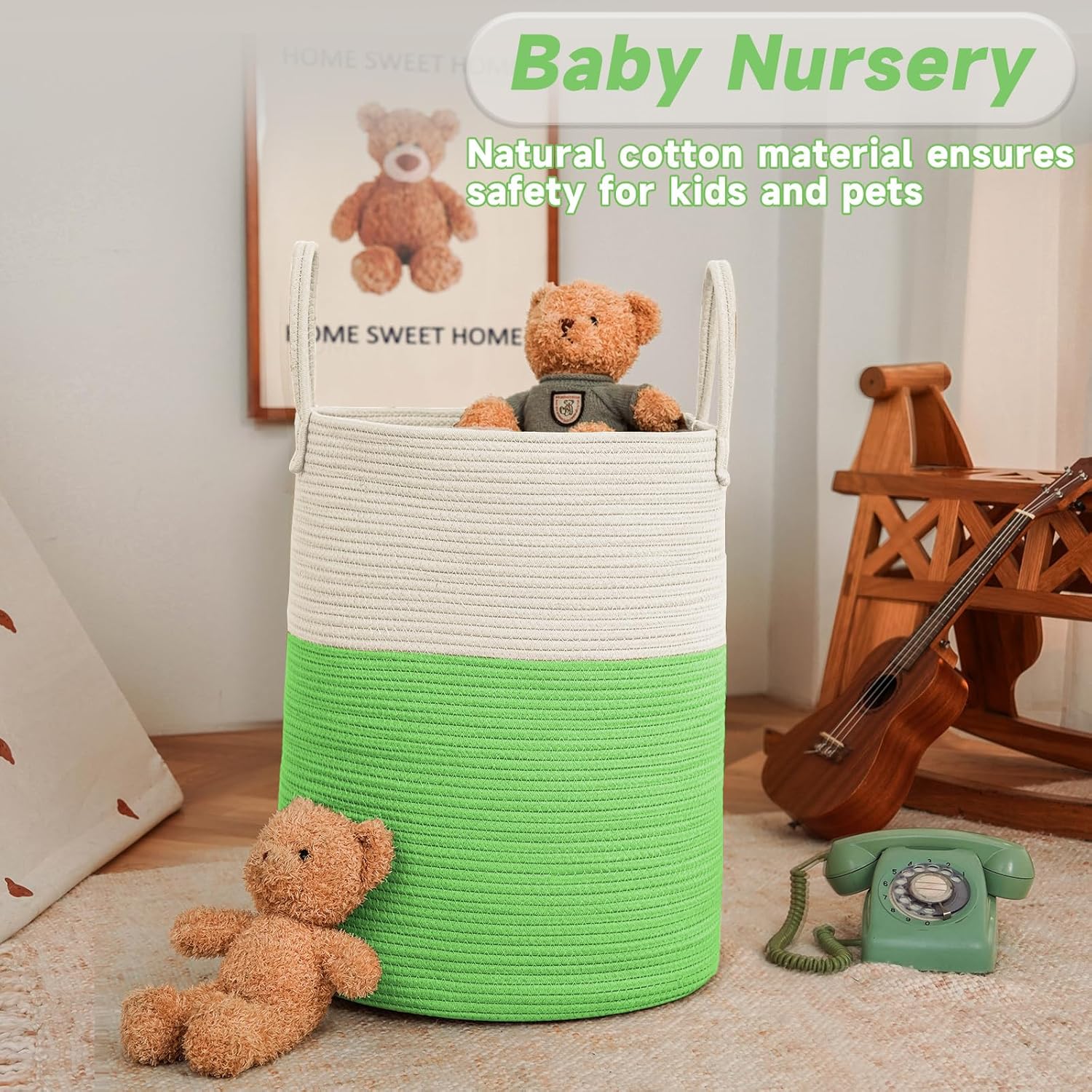 Large Woven Laundry Basket Hamper,100L Cotton Rope Storage Bin for Blankets,Toys and Clothes,Decorative Tall Nursery Hamper for Living Room,Baby Nursery,Bathroom and Bedroom,Light Green