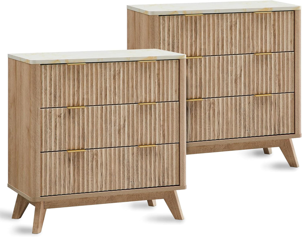 T4TREAM 32" Tall Fluted Nightstand Set of 2, Modern Side Table with Faux Marble Top, 3 Drawers End Table w/Storage, Bedside Table for Bedroom, Living Room, Curved Profile Design, Natural Oak