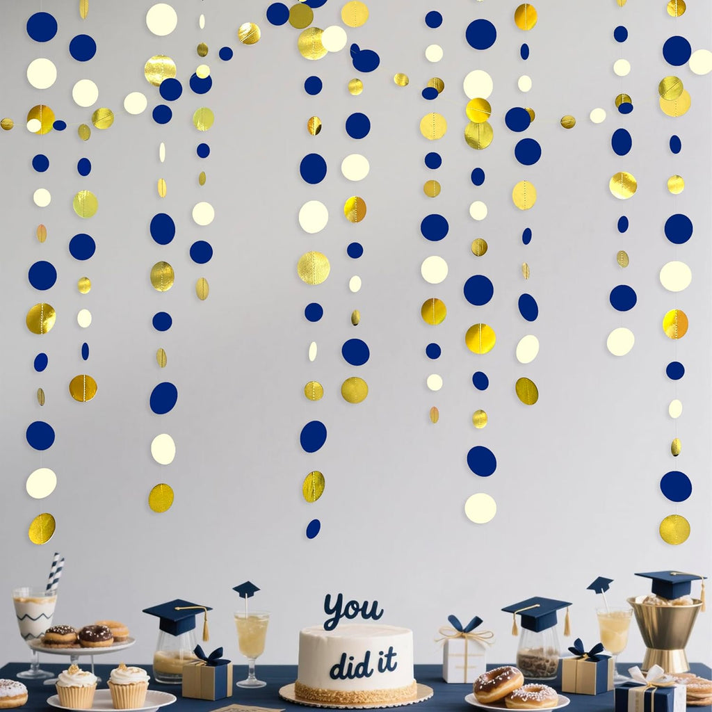 46 Ft Navy Blue and Gold Circle Dots Garland Royal Blue Hanging Paper Polka Dot Streamer for Birthday Wedding Bridal Baby Shower Graduations Nautical Ahoy Achor Pirate Theme Party Decorations Supplies