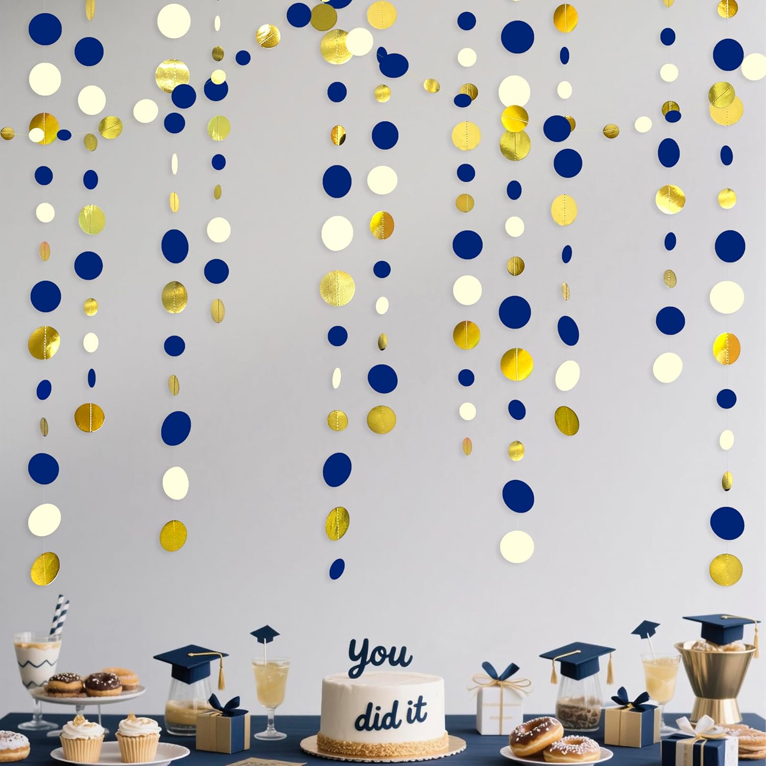 46 Ft Navy Blue and Gold Circle Dots Garland Royal Blue Hanging Paper Polka Dot Streamer for Birthday Wedding Bridal Baby Shower Graduations Nautical Ahoy Achor Pirate Theme Party Decorations Supplies