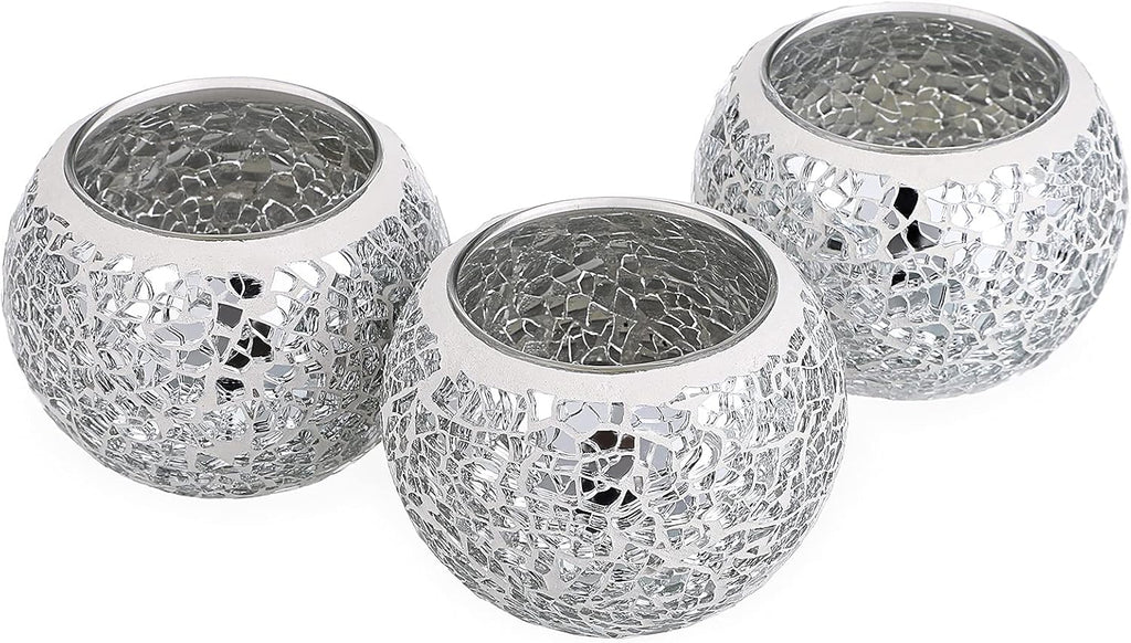 OwnMy 3PCS Mosaic Glass Tea Light Holders Round Bowl Votive Candle Holders Pillar Candle Stands, Silver Glass Mosaic Tealight Holders Potted Plant Bowl Vase Candle Centerpiece for Dining Table Wedding