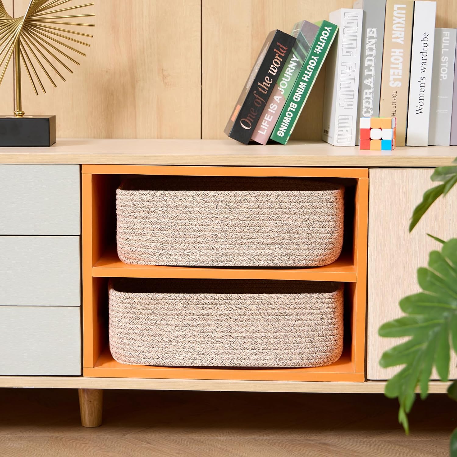 Large Shallow Organizing Baskets 15x11x5.1 Inches - Rope Woven Storage Bins for Bathroom, Shelves, Cube Closet, Mixed Brown 2 Packs