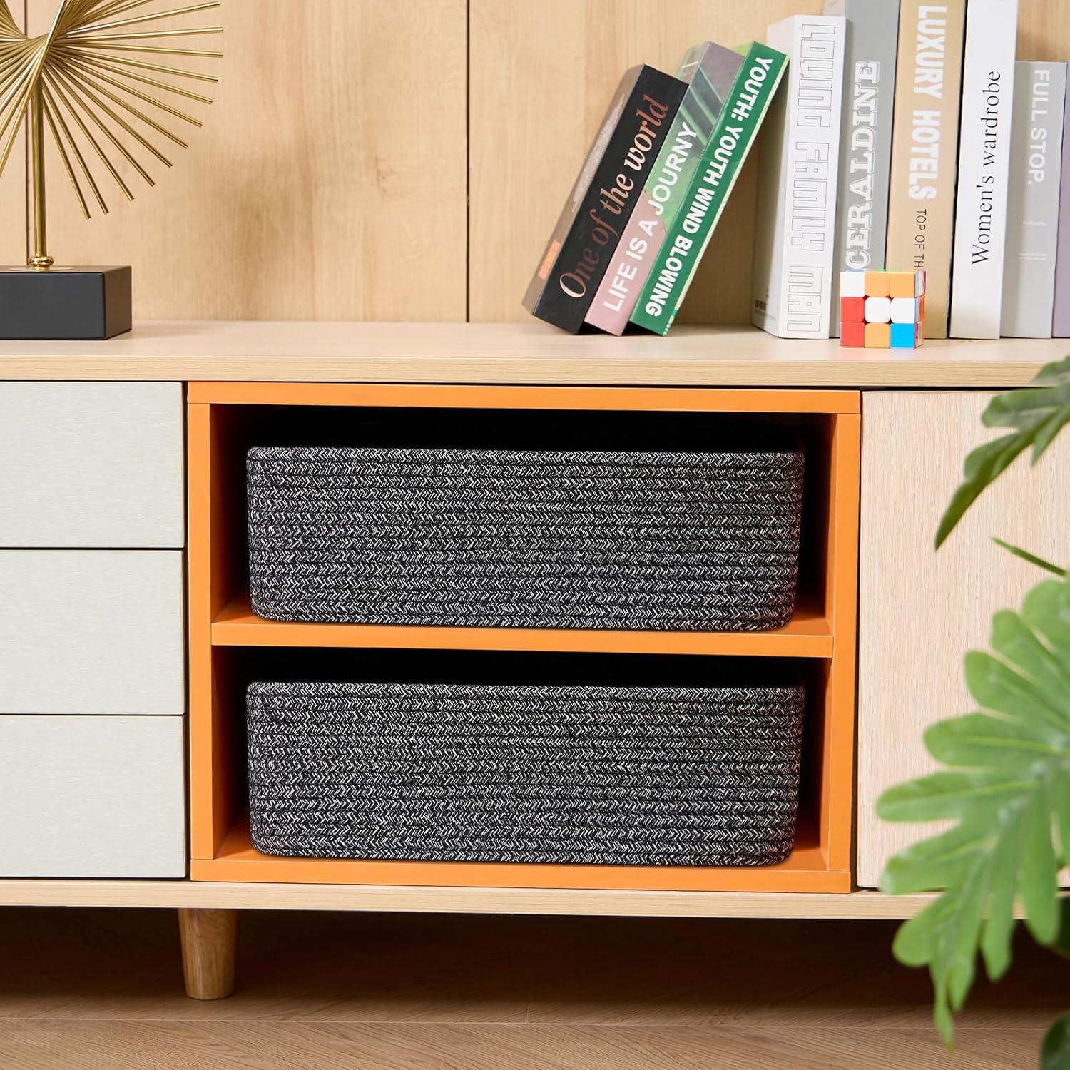 Large Shallow Organizing Baskets 15x11x5.1 Inches - Rope Woven Storage Bins for Bathroom, Shelves, Cube Closet, Mixed Black 2 Packs