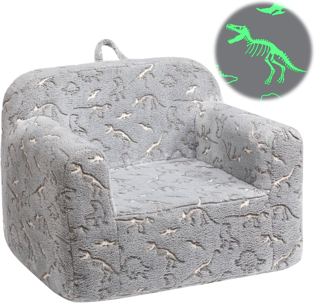 ALIMORDEN Kids Ultra-Soft Snuggle Foam Filled Chair, Glow-in-The-Dark Dinosaurs Fossil Pattern Toddler Cuddly Sherpa Reading Couch for Boys and Girls