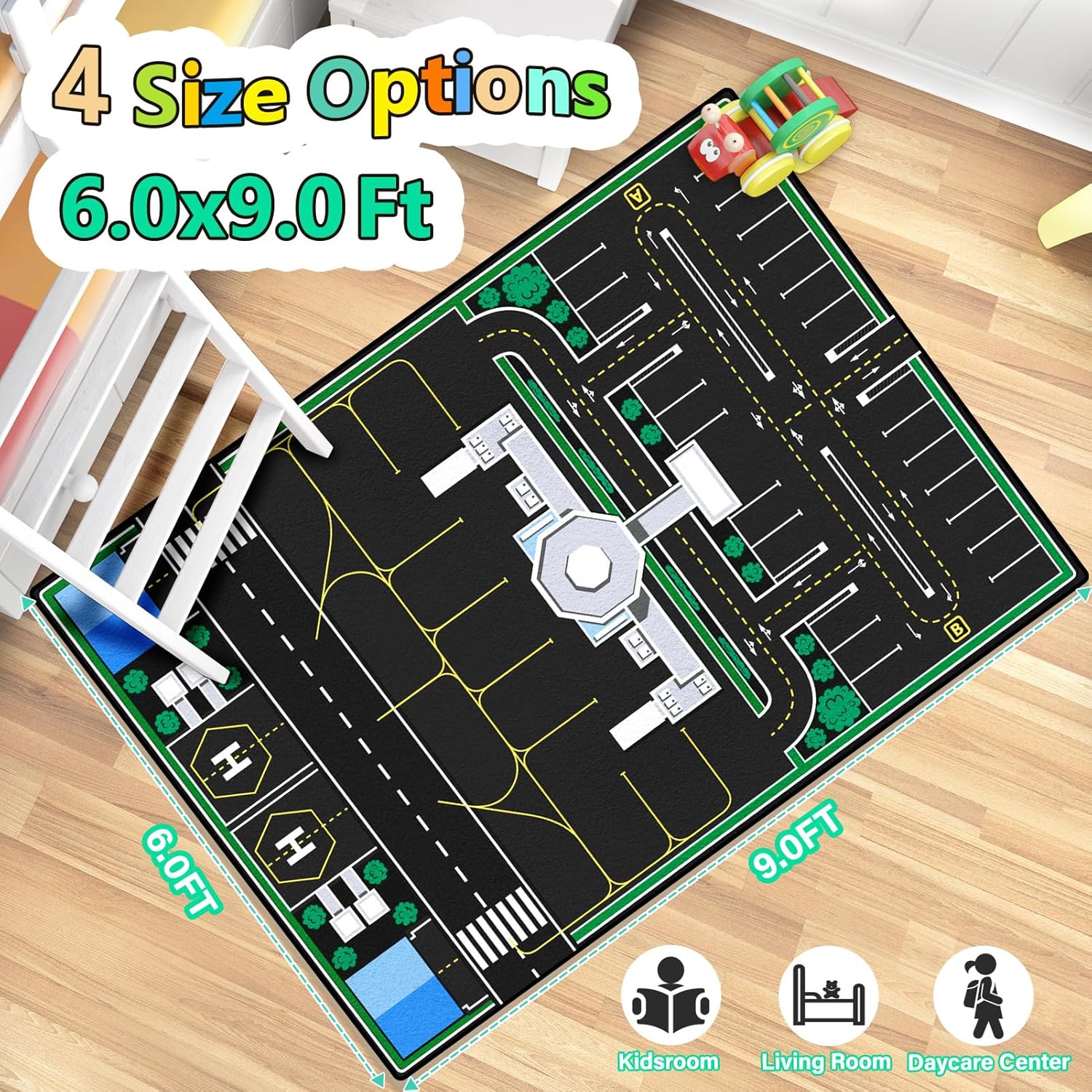 Kids Rug, Road Carpet for Kids with Combined City Road Traffic System, Car Rug and Airport Play Mat, 6x9 Ft Children’s Play Rugs for Playroom, Children’s City Traffic Map Fun Car Mat,Non-Slip