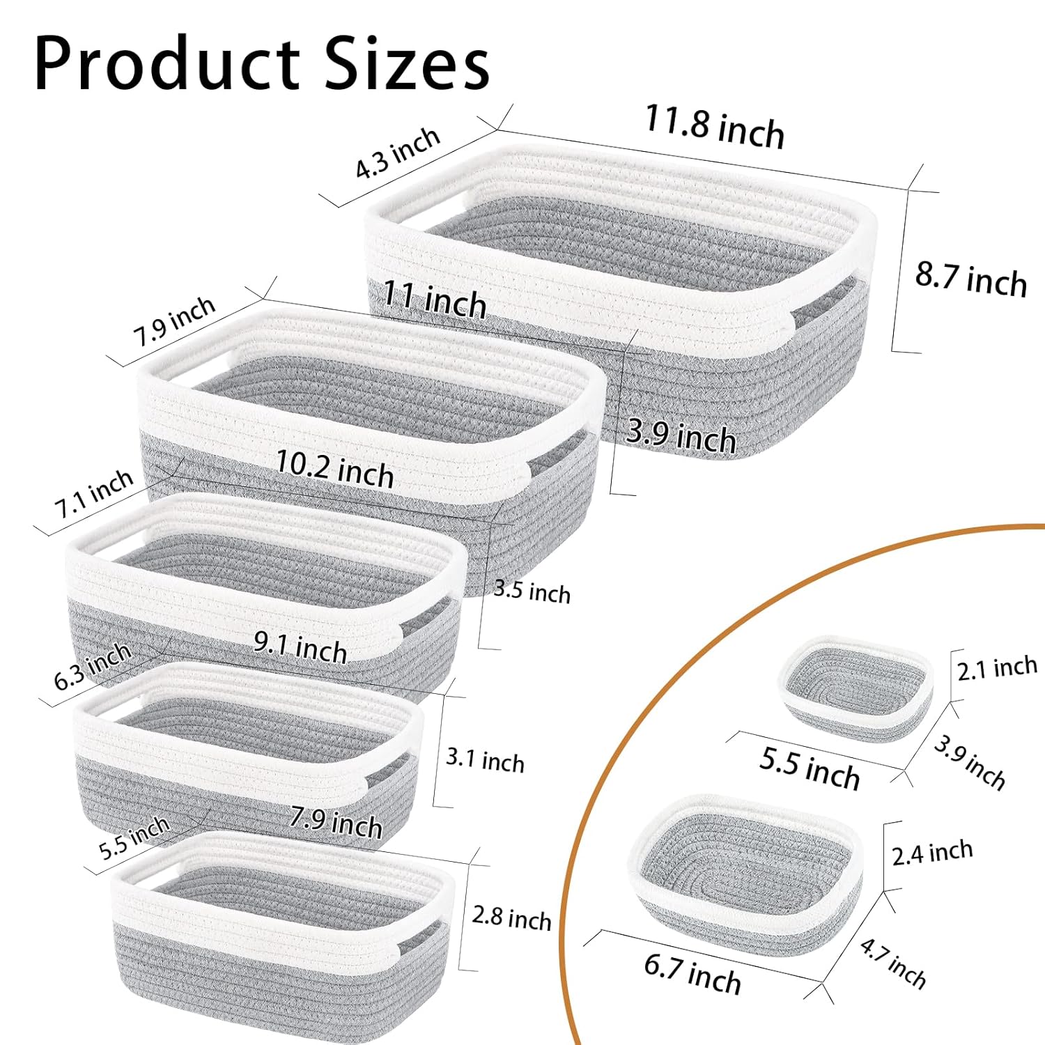 7 Piece Cotton Rope Woven Basket Set - Small Basket for Baby Nursery, Pets, Montessori, Dog & Cat Toy Boxes, Bathroom Organization Bins (White/Gray)