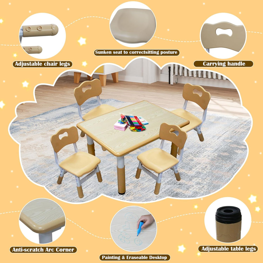 Kids Table and 4 Chairs Set with Graffiti Desktop, Toddler Furniture Set, Non-Slip, Table Children Study Desk, Dining Table, Height Adjustable Desk, Painting Desktop for Kids (31.5x23.6Inch)