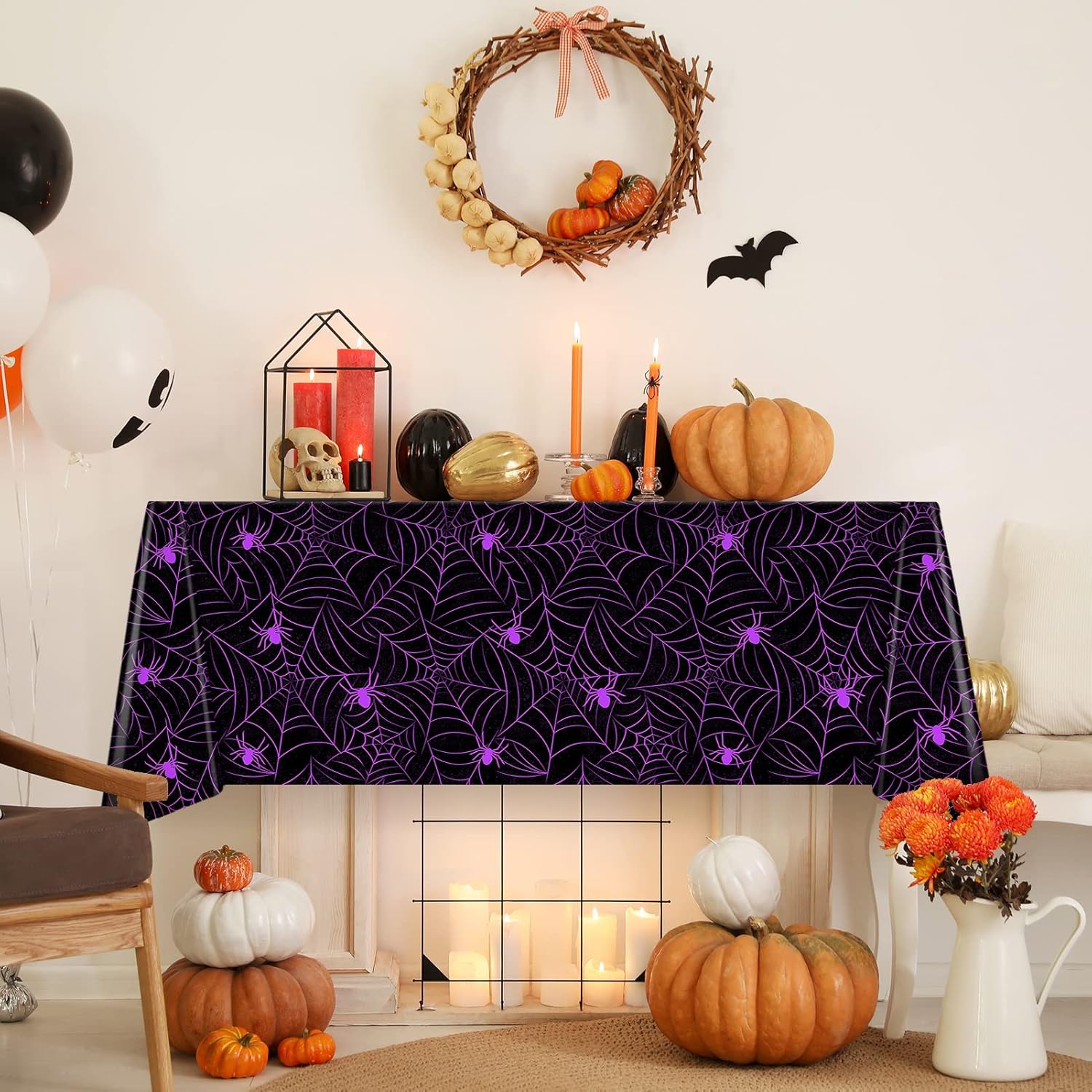 TREWAVE 3 Pack Halloween Spiderweb Tablecloth Rectangular Plastic Spider Web Table Cloth Large Size Table Covers for Home Decor Halloween Party Decorations 54" x 108" (Purple Spider)