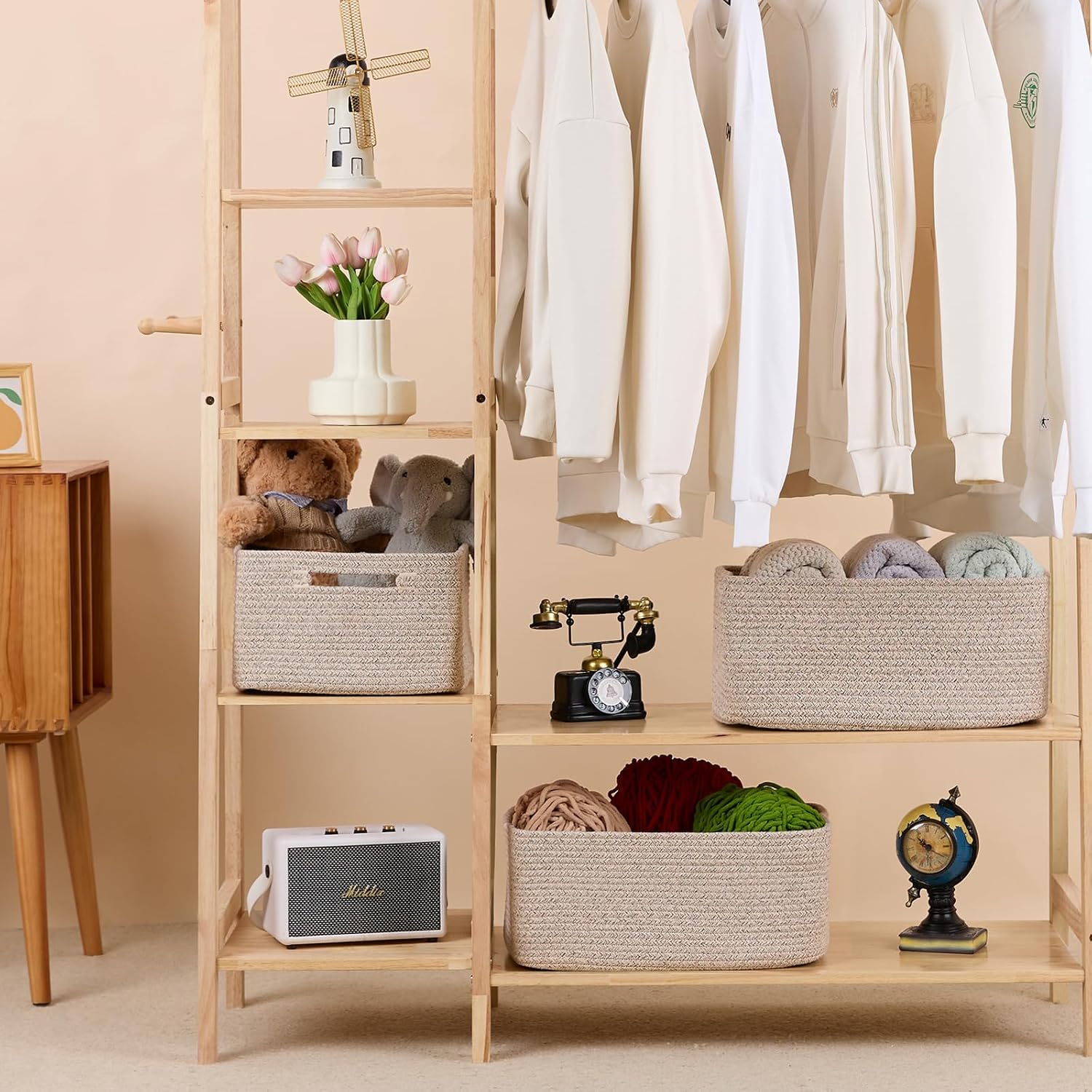 Large Storage Baskets for Shelves, Closet Organizers Bins for Clothes Blanket Towels, Baby Nursery, Toy Baskets Box, Woven Rope Baskets, 17 x 13 x 7.5”, 3 Packs Mixed Brown