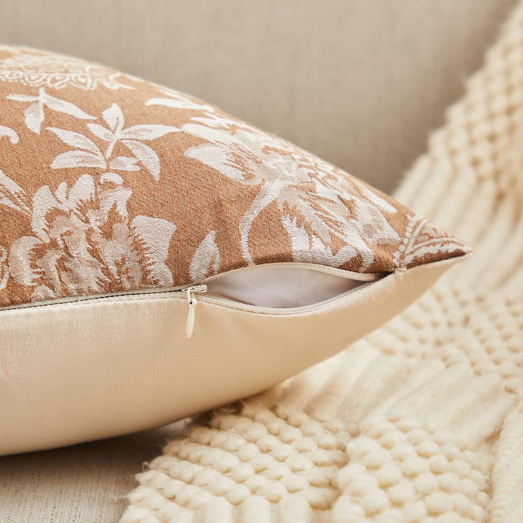 Floral Jacquard Lumbar Throw Pillow Covers Set of 2, Background/Caramal 12x20 Inch, Farmhouse Decorative Cotton Caramal Cushion Covers for Sofa Bed Living Room Home Decor