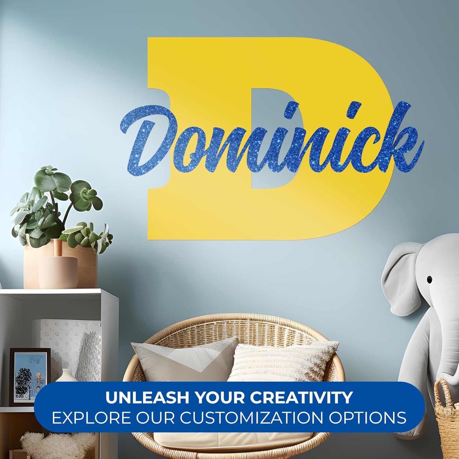 CRYPTONITE Personalized Name Sign for Kids Bedroom Decor I Custom Name for Nursery Decor for Girls Boys I Stickers for Baby Room I Custom Decal with Multi-Size (B. Name Glitter & Initial)